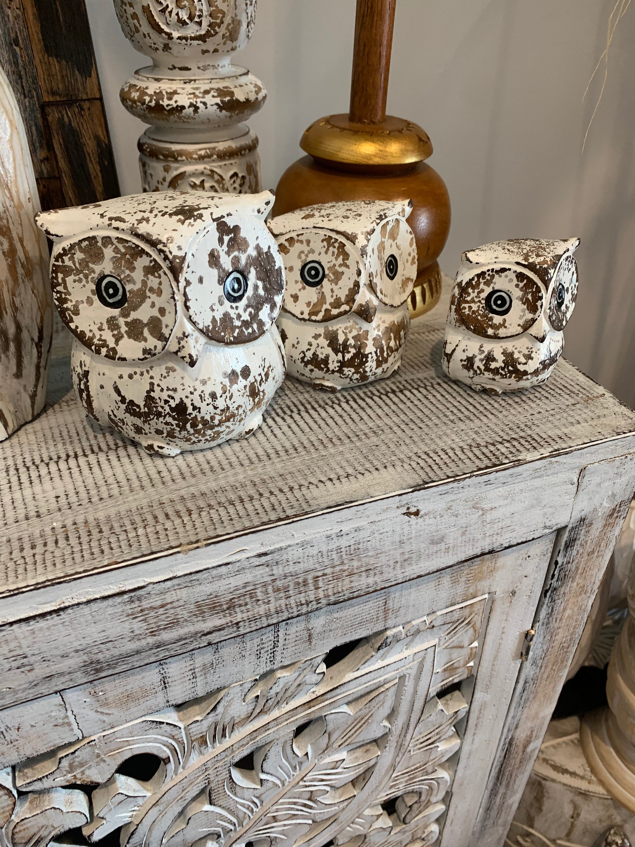 Rustic white timber owls. Set 3