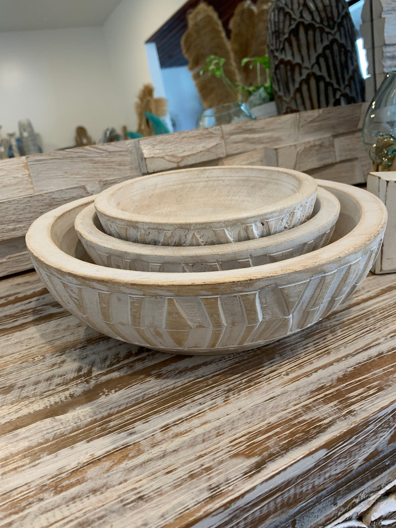 White wash timber handcarved timber bowls. Set of 3