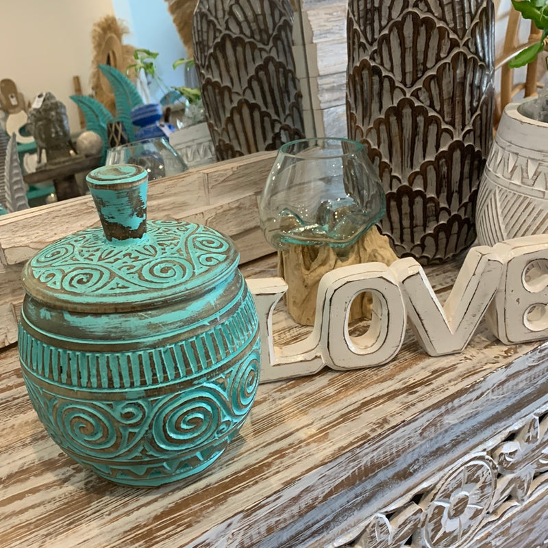 Green carved timber pot with lid