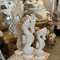 Handcrafted set of 3 timber seahorse. White wash