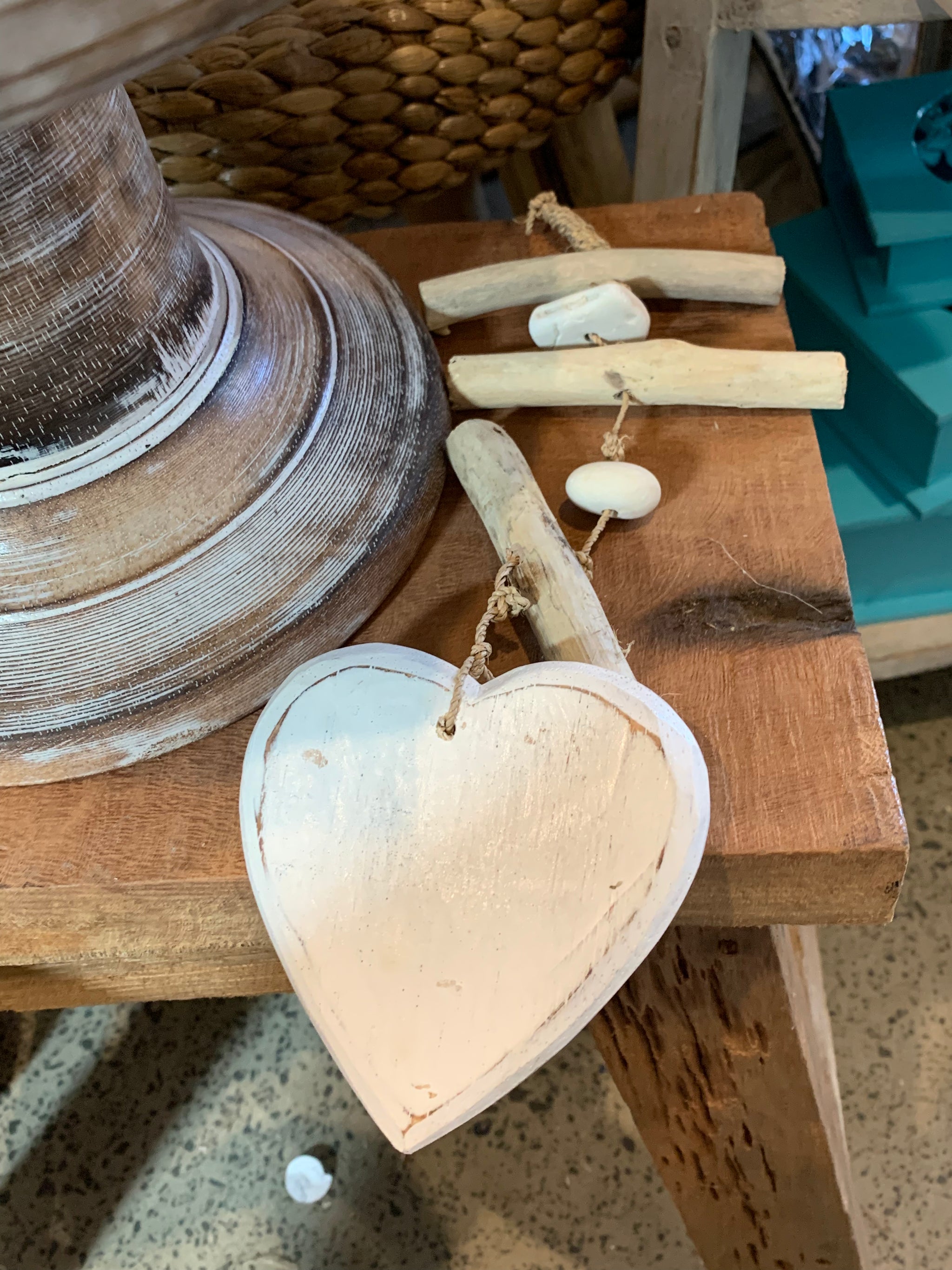 Handpainted timber heart hanging. Rustic white