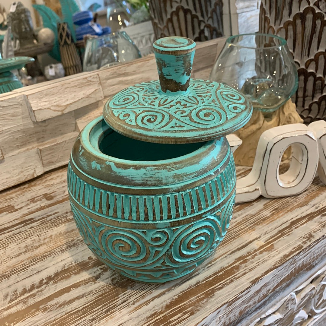 Green carved timber pot with lid