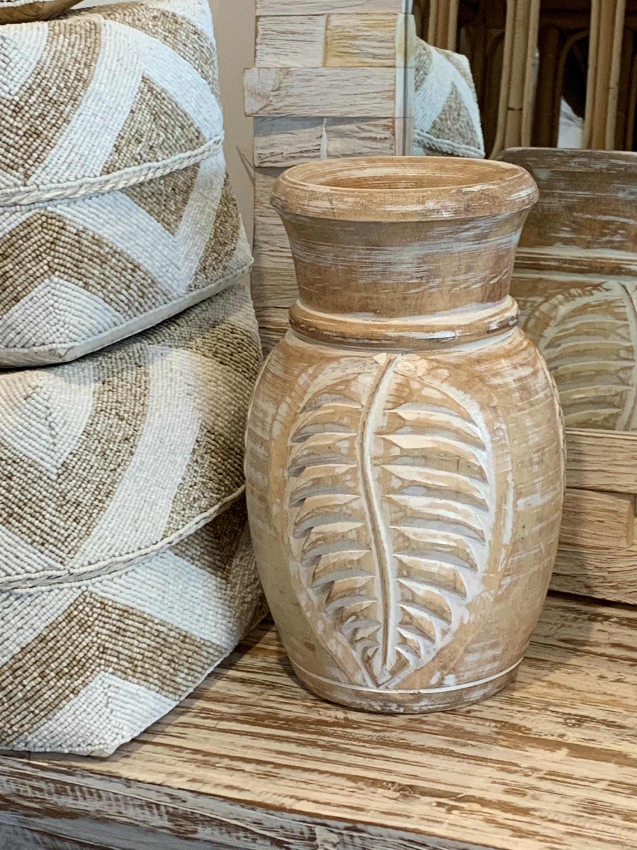 White wash carved timber vase. Large