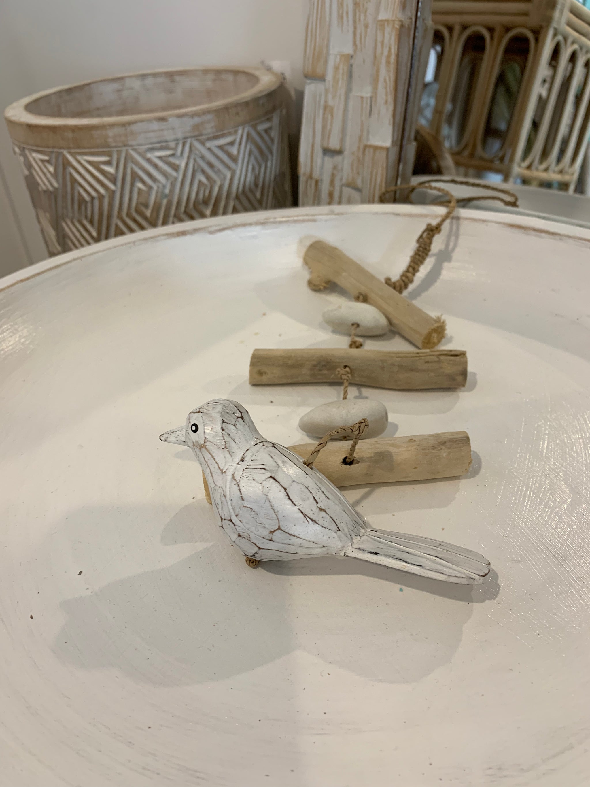 Timber bird hanging decoration. White