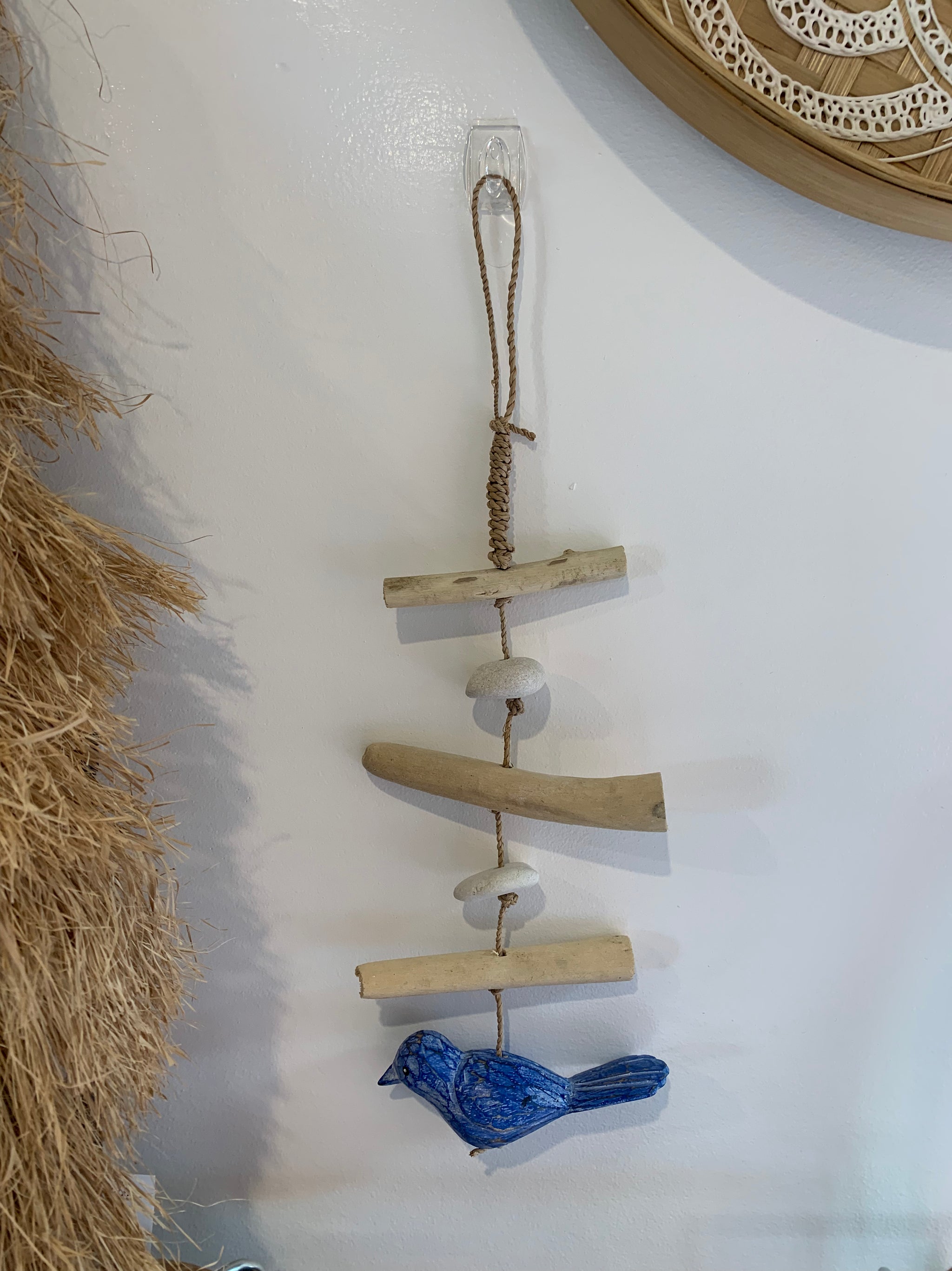 Timber bird hanging decoration. Blue