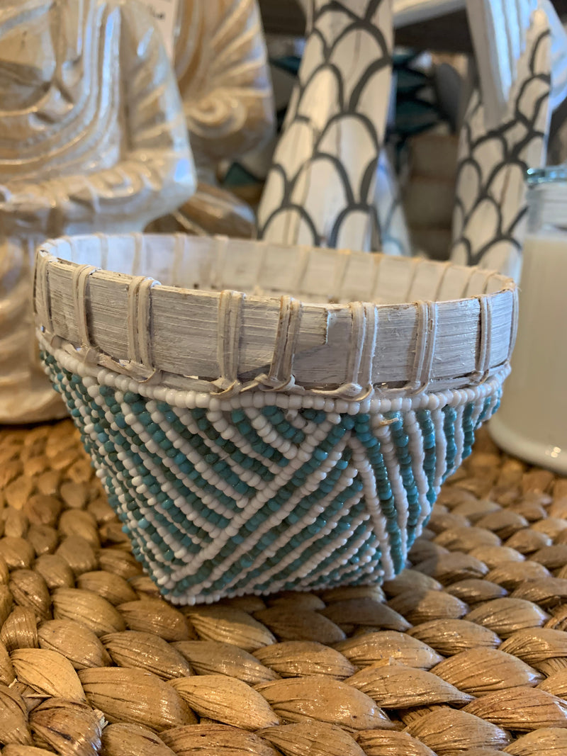 Blue and white beaded bowl / container