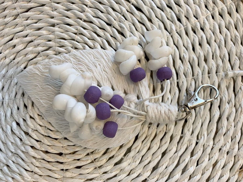 Macrame leaf, shell and purple bead keyring