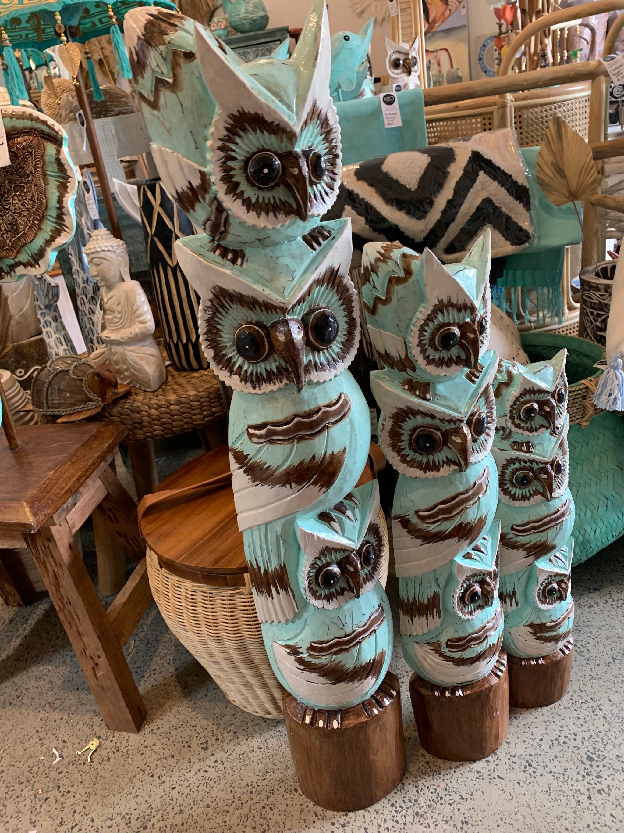 Set 3 Large timber owls. Handpainted. Aqua