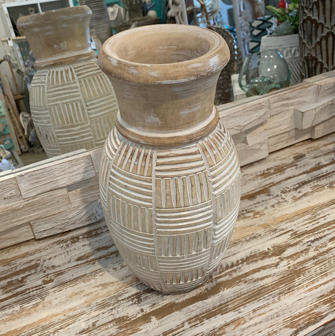 White wash carved timber vase. Large