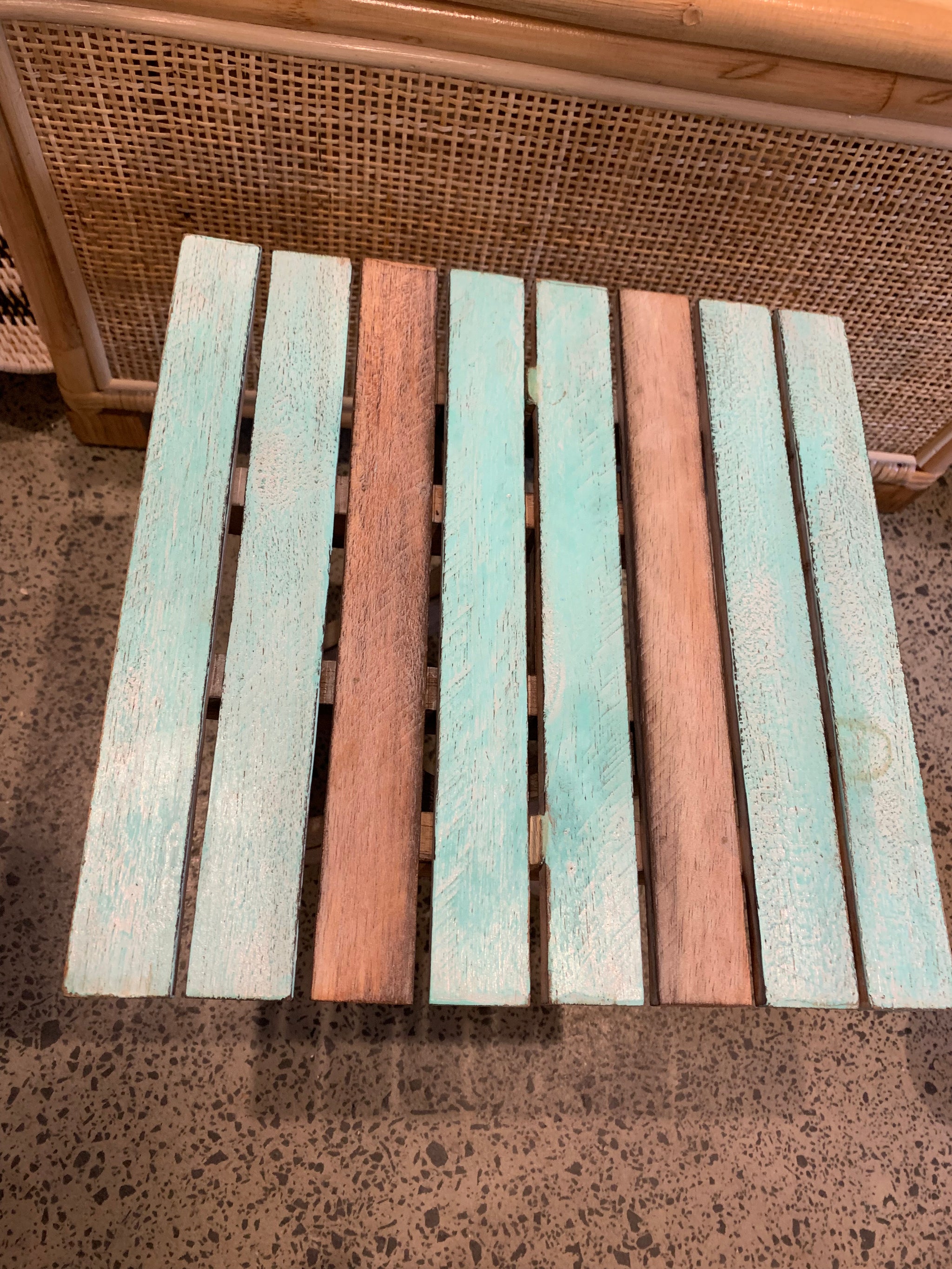 Folding timber square design table. Turquoise / brown