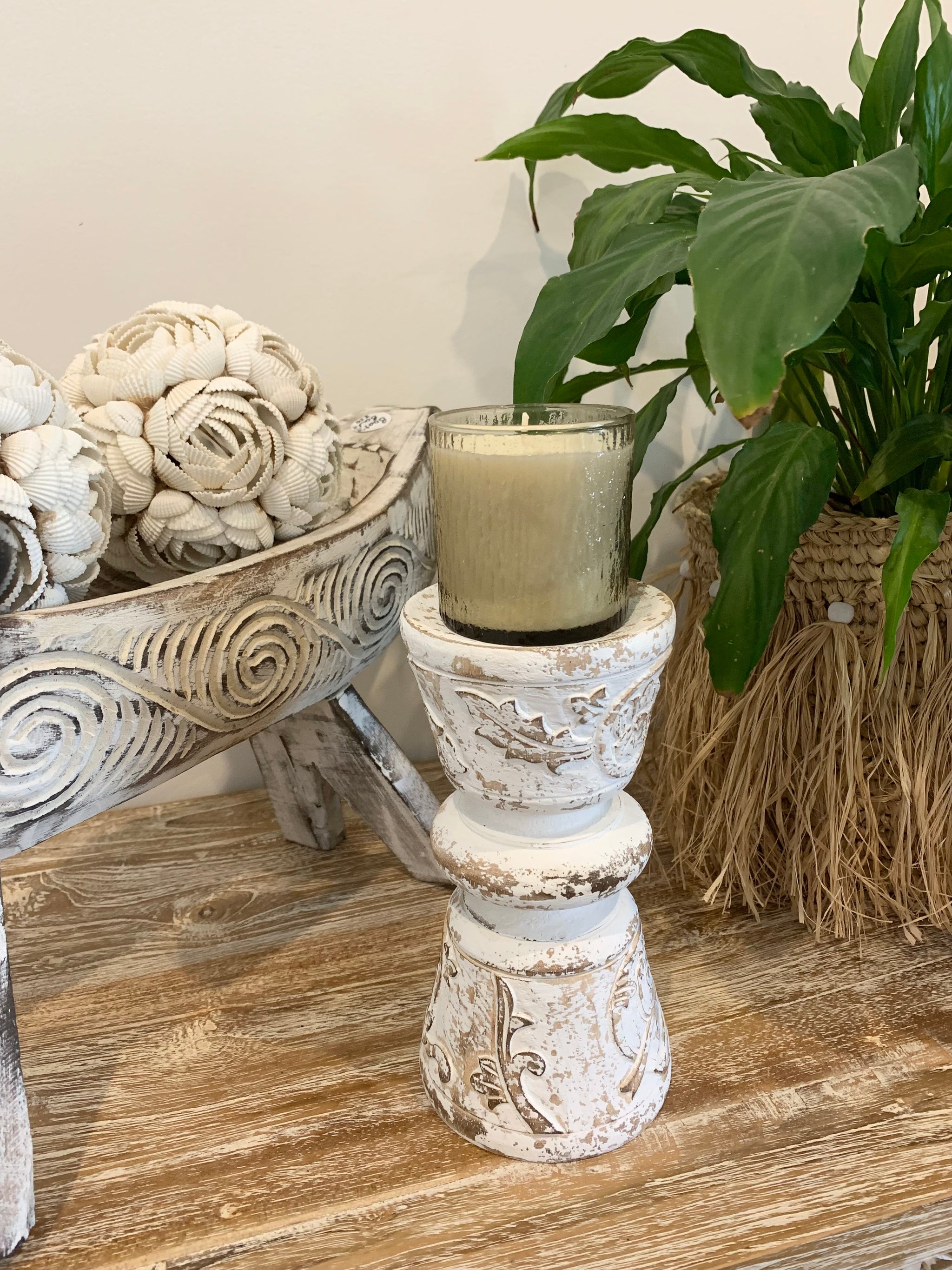 Rustic white candle holder.