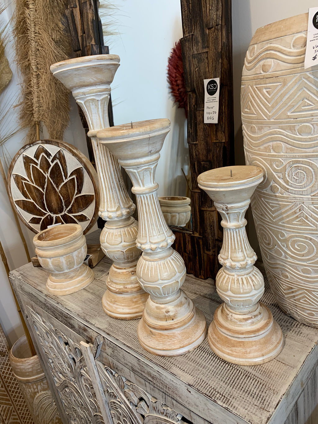 Set 3 white wash timber candlesticks