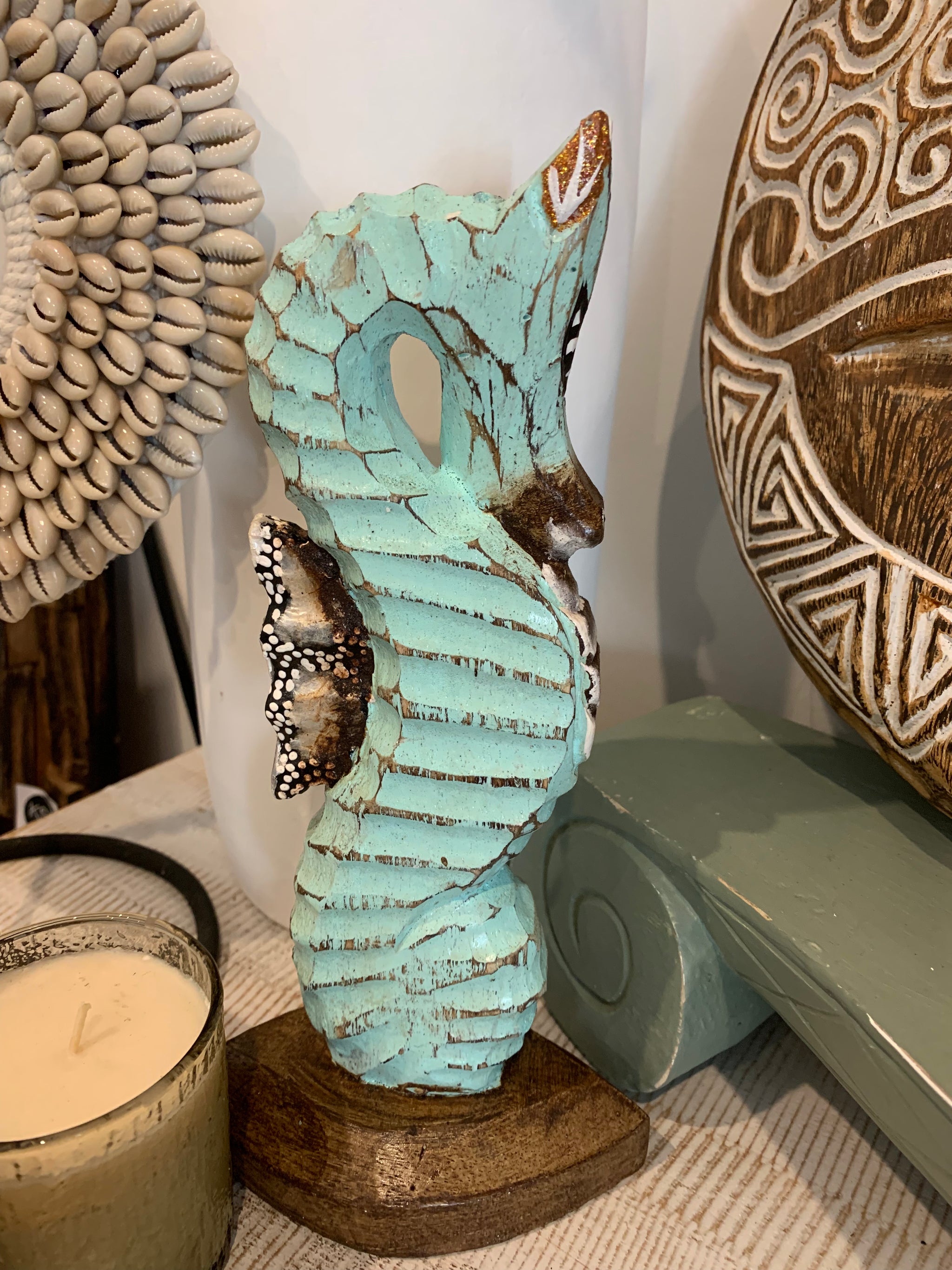 Handpainted turquoise timber seahorse