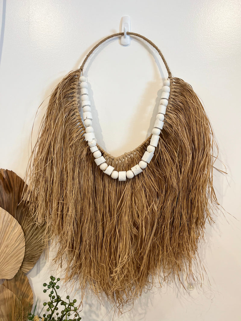 Raffia hanging with rustic white timber detail. 70cm hang