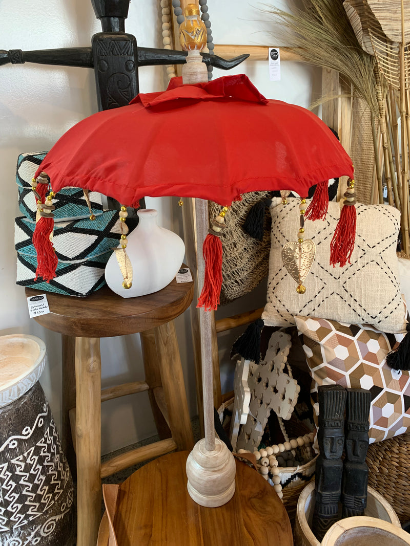 Red Tabletop Umbrella with plain design. EOFY sale. Usually $50