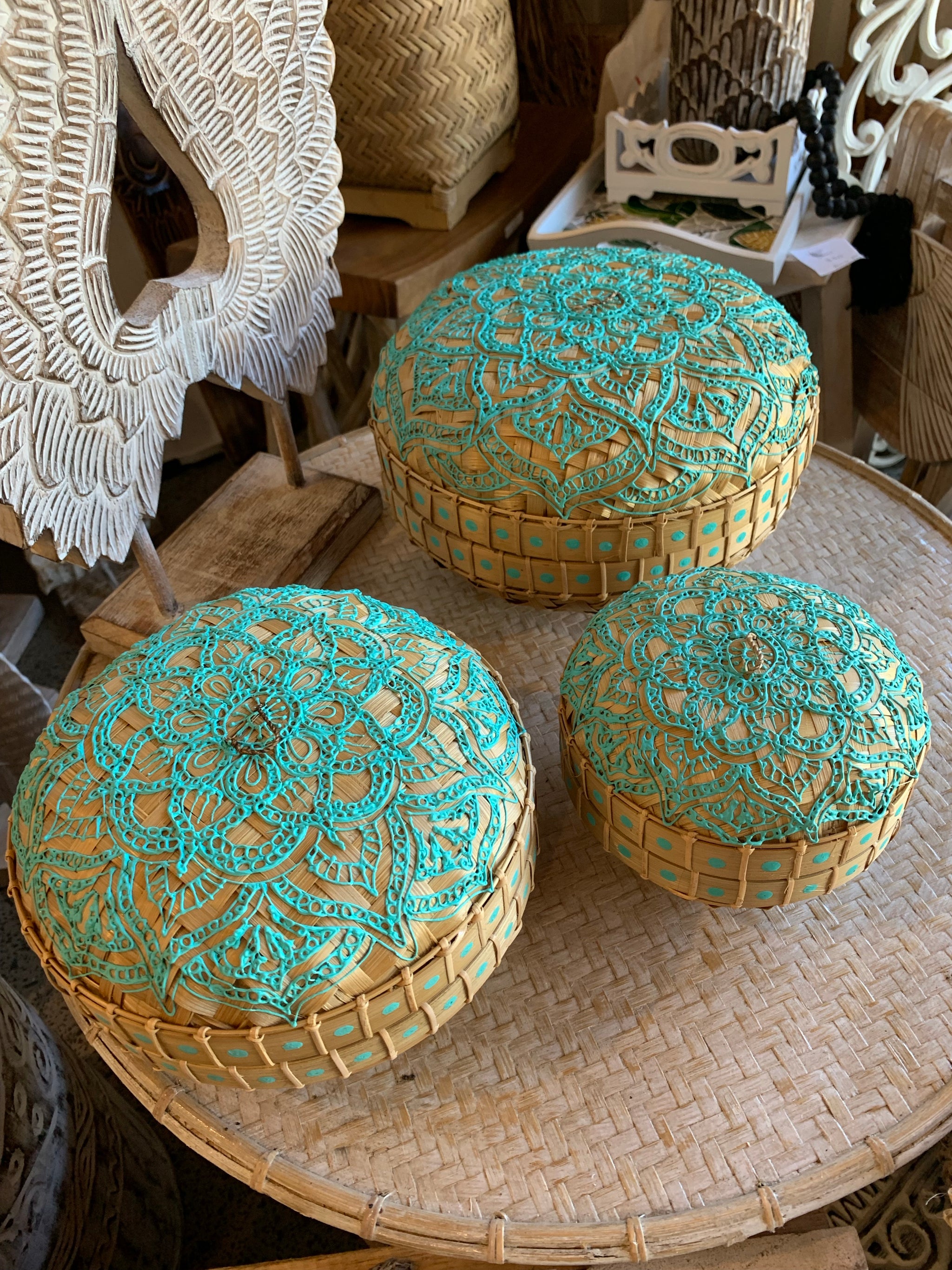 Set 3 containers and lids. Turquoise detail. Usually $95