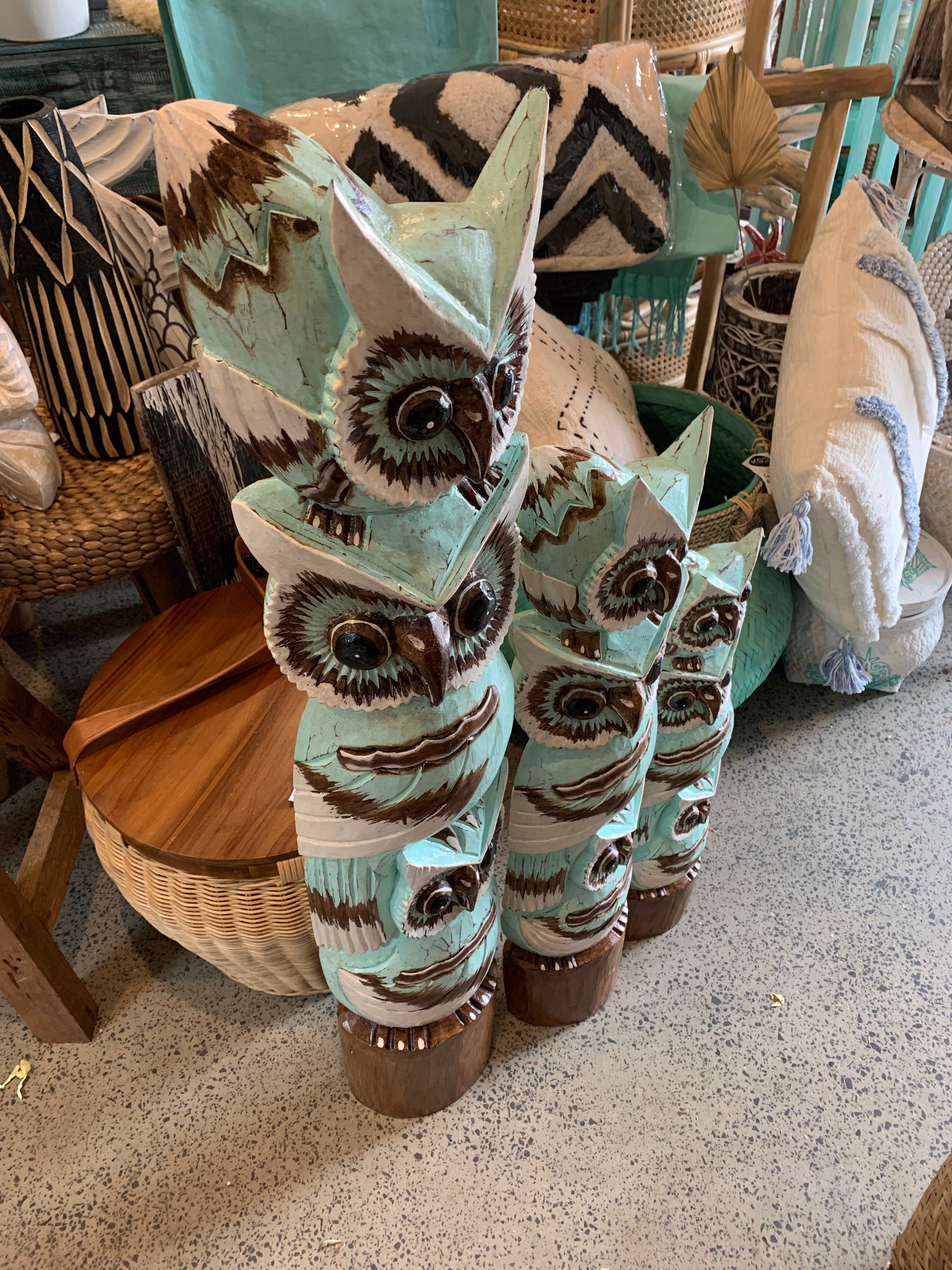 Set 3 Large timber owls. Handpainted. Aqua