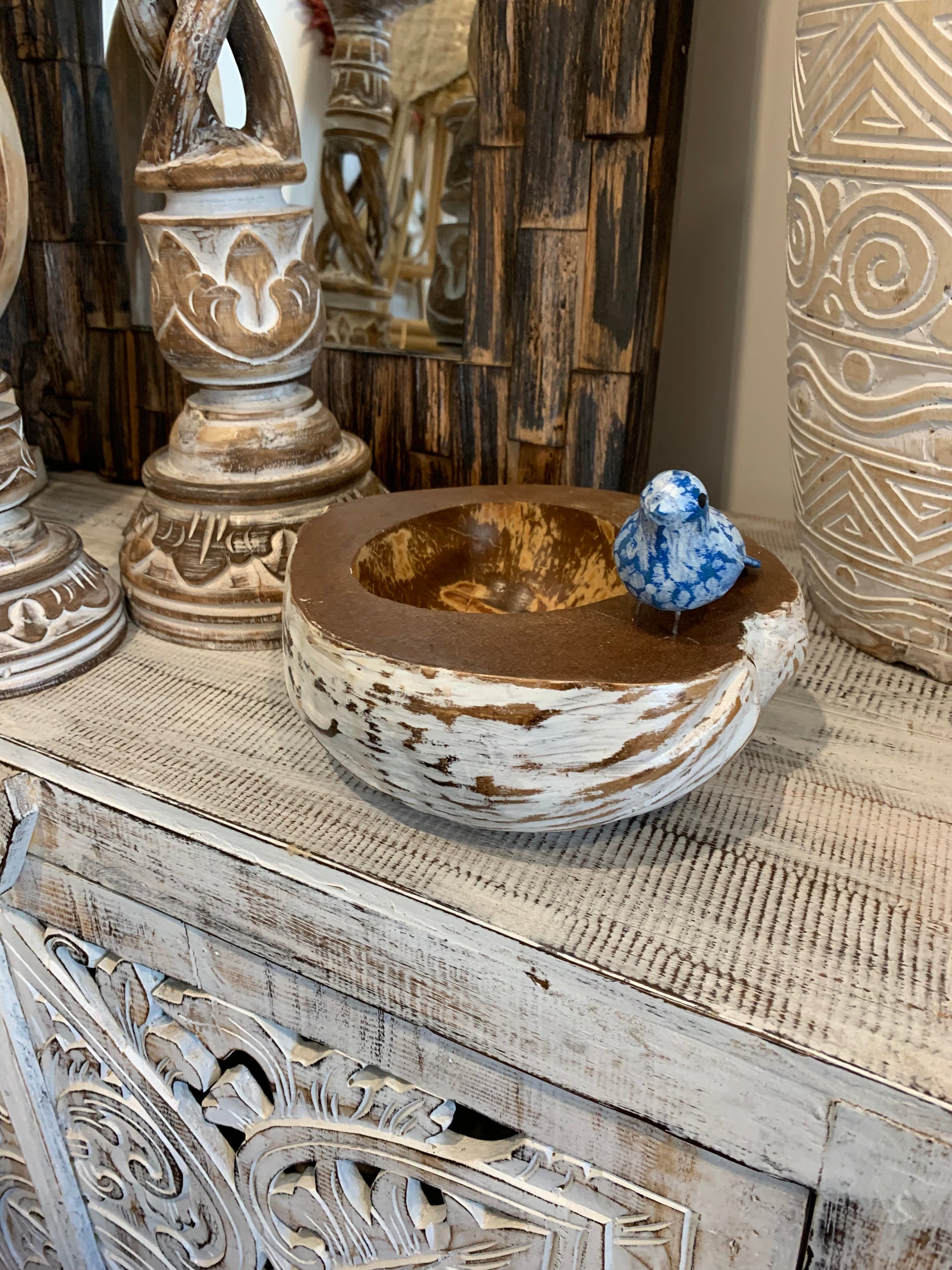 Coconut platter / bowl. Blue bird