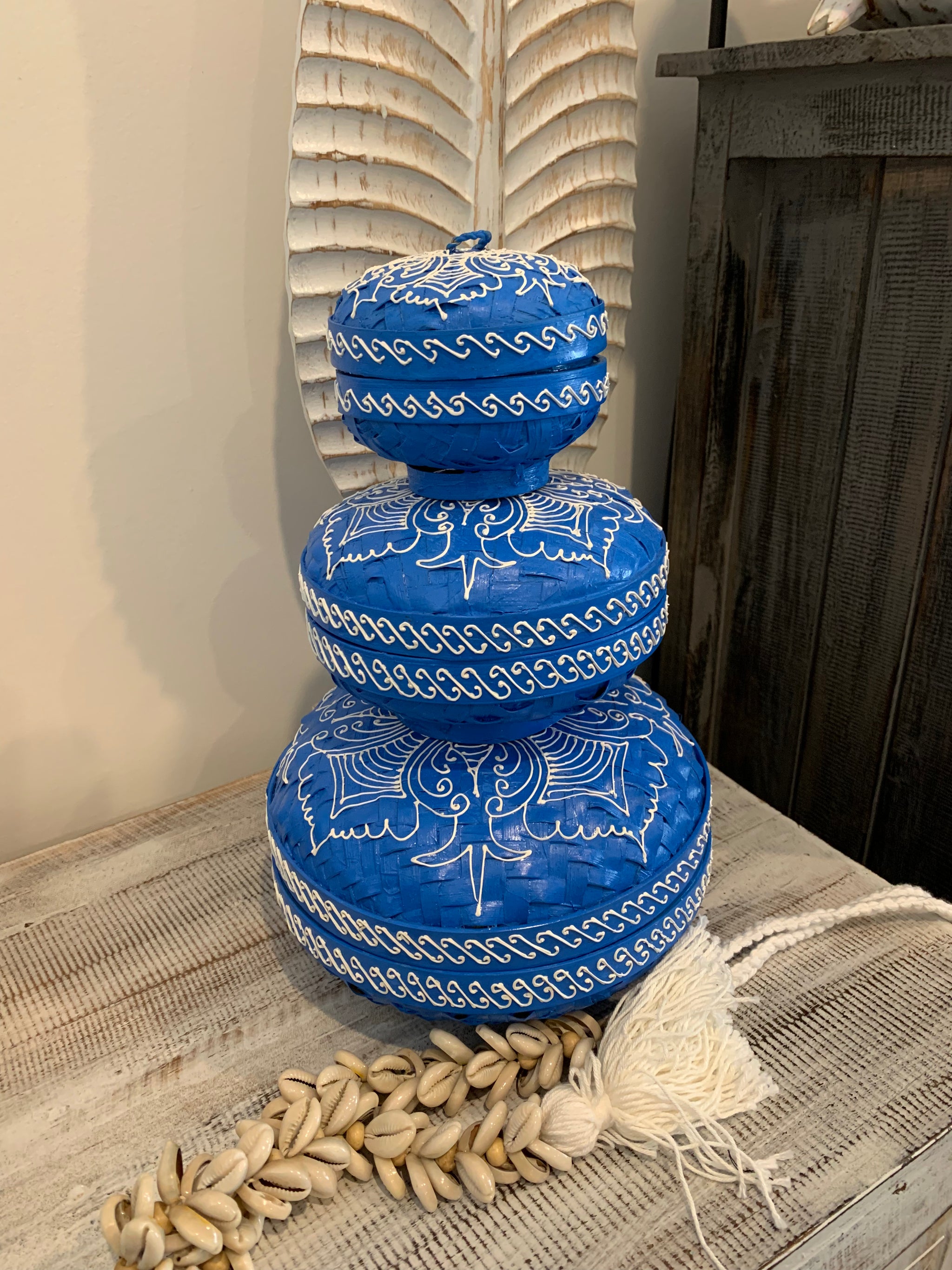 Blue set 3 container with lids. Hand painted mandala. Usually $95