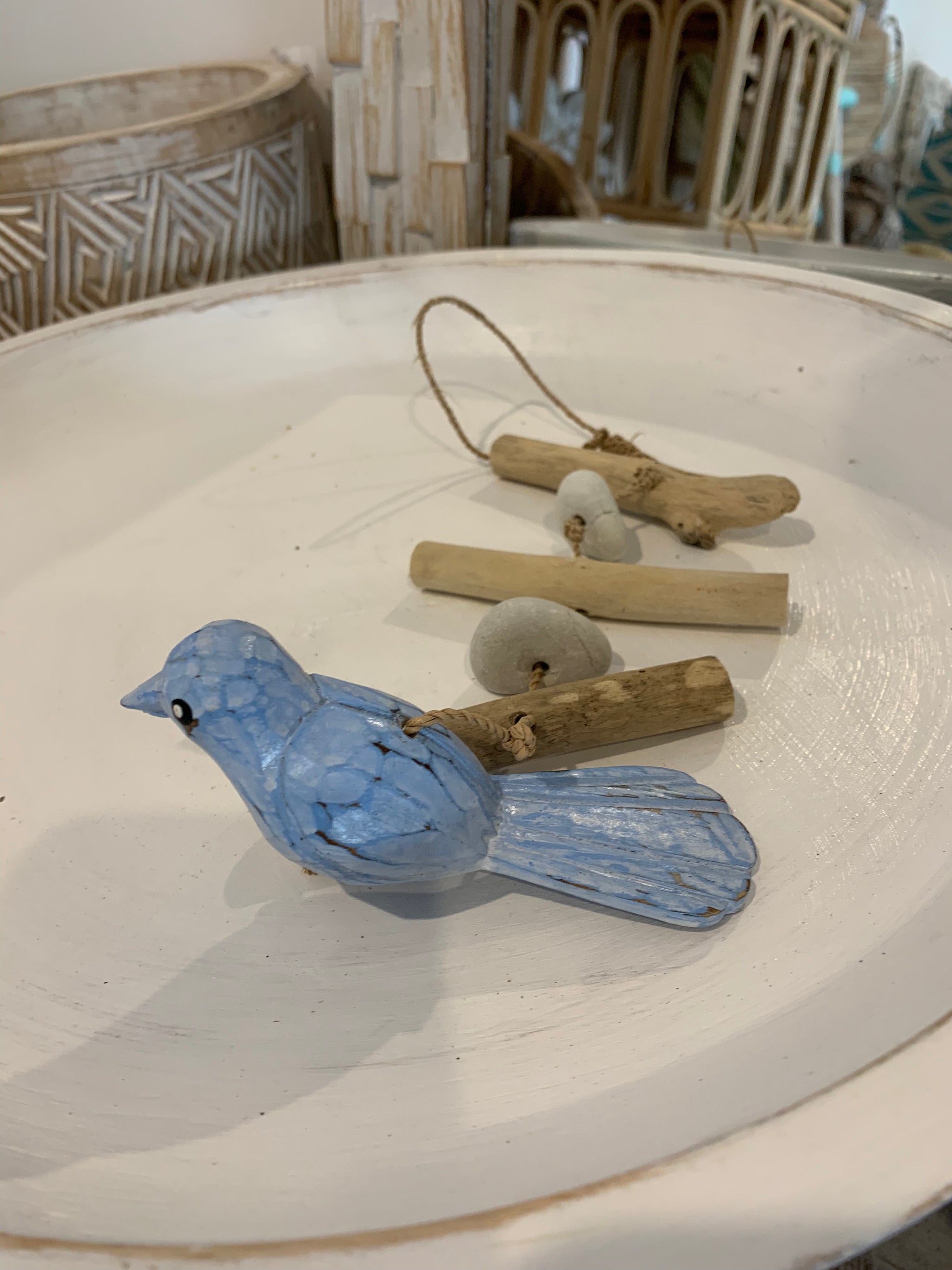 Timber bird hanging decoration. Light blue