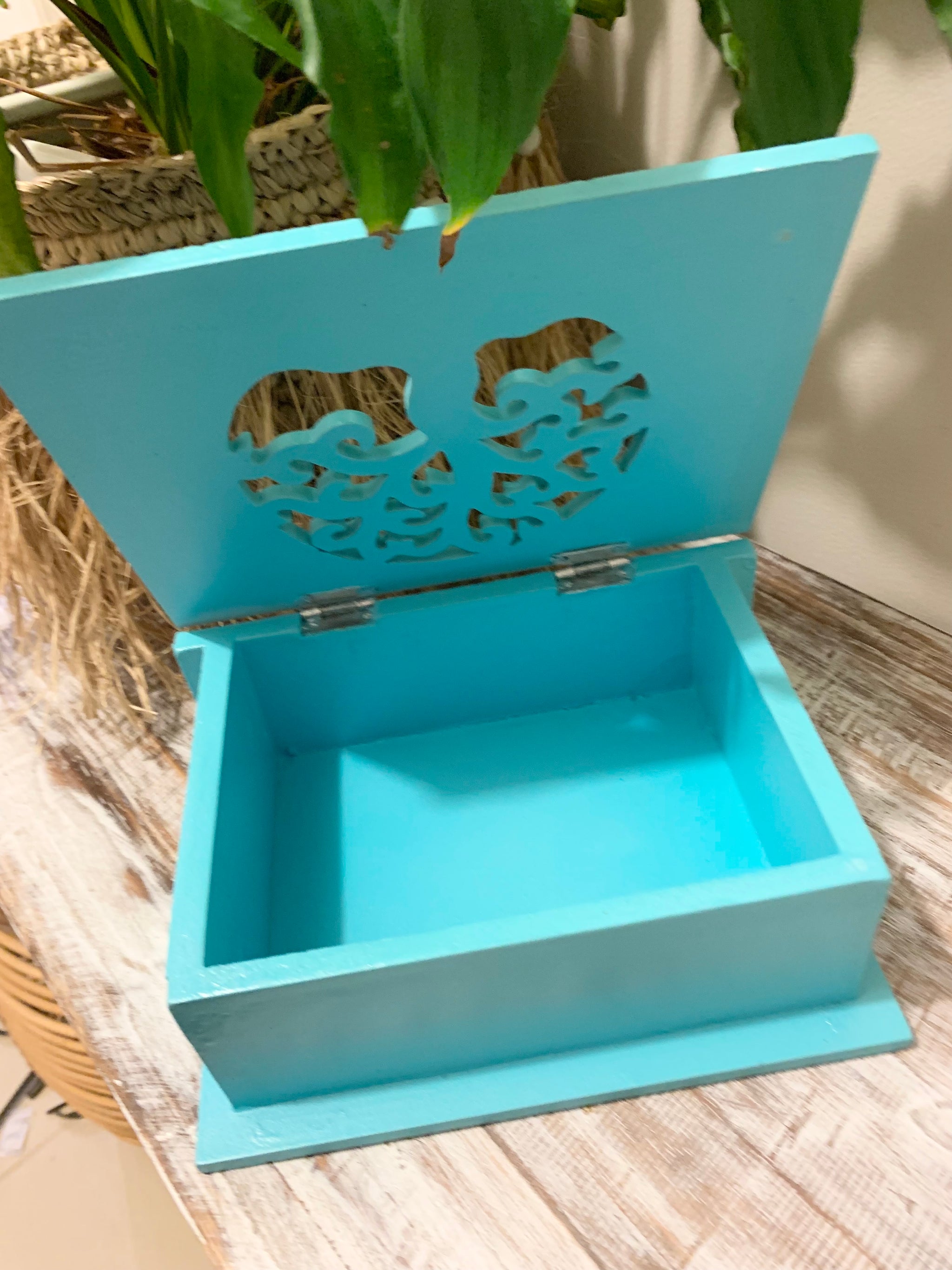 Carved tree of life aqua box with hinged lid. Jewellery / storage. Medium