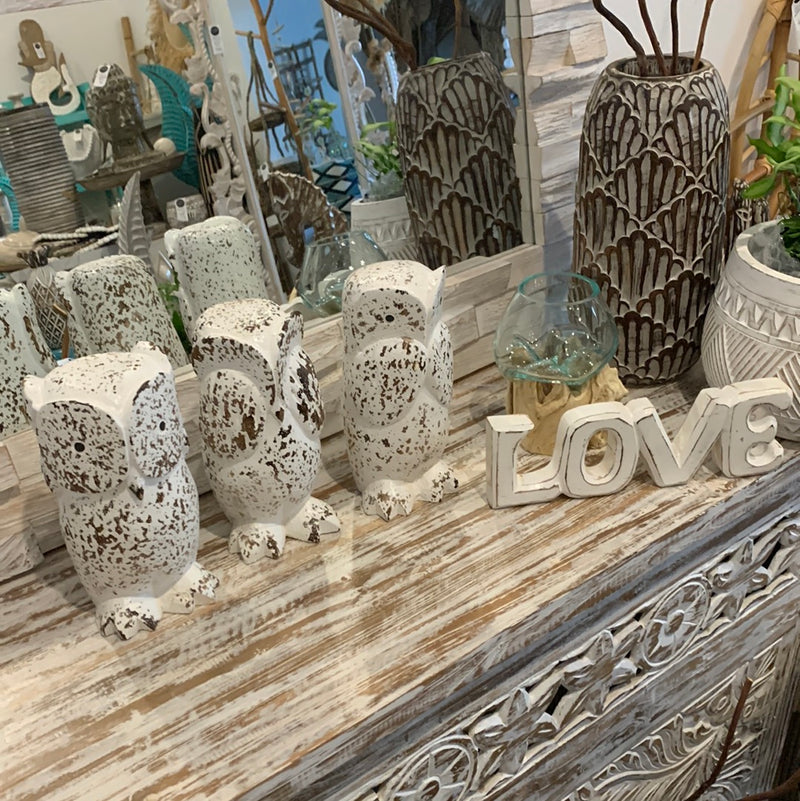 See no evil, hear no evil, speak no evil. Timber owls. Set 3. Rustic white finish. EOFY sale. Usually $40