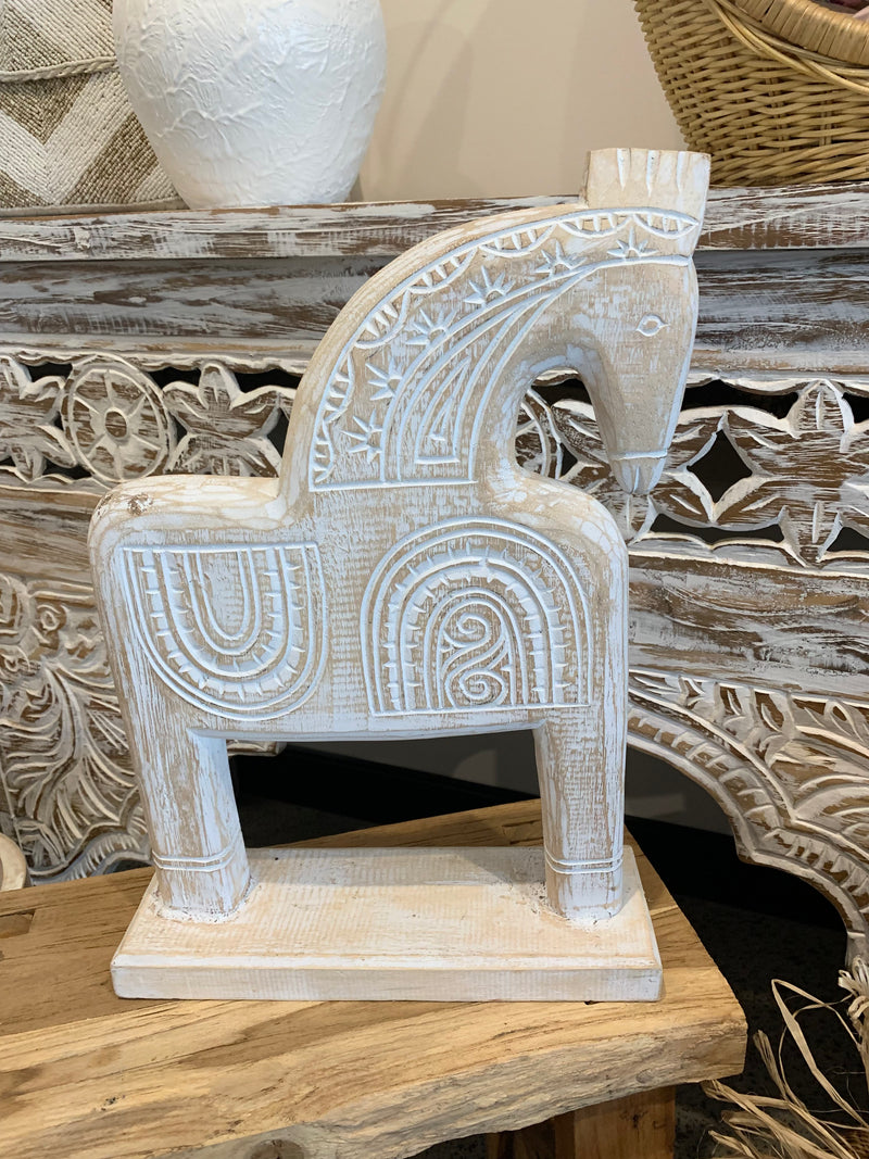 Handcarved white wash horse statue