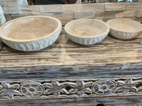 White wash timber handcarved timber bowls. Set of 3