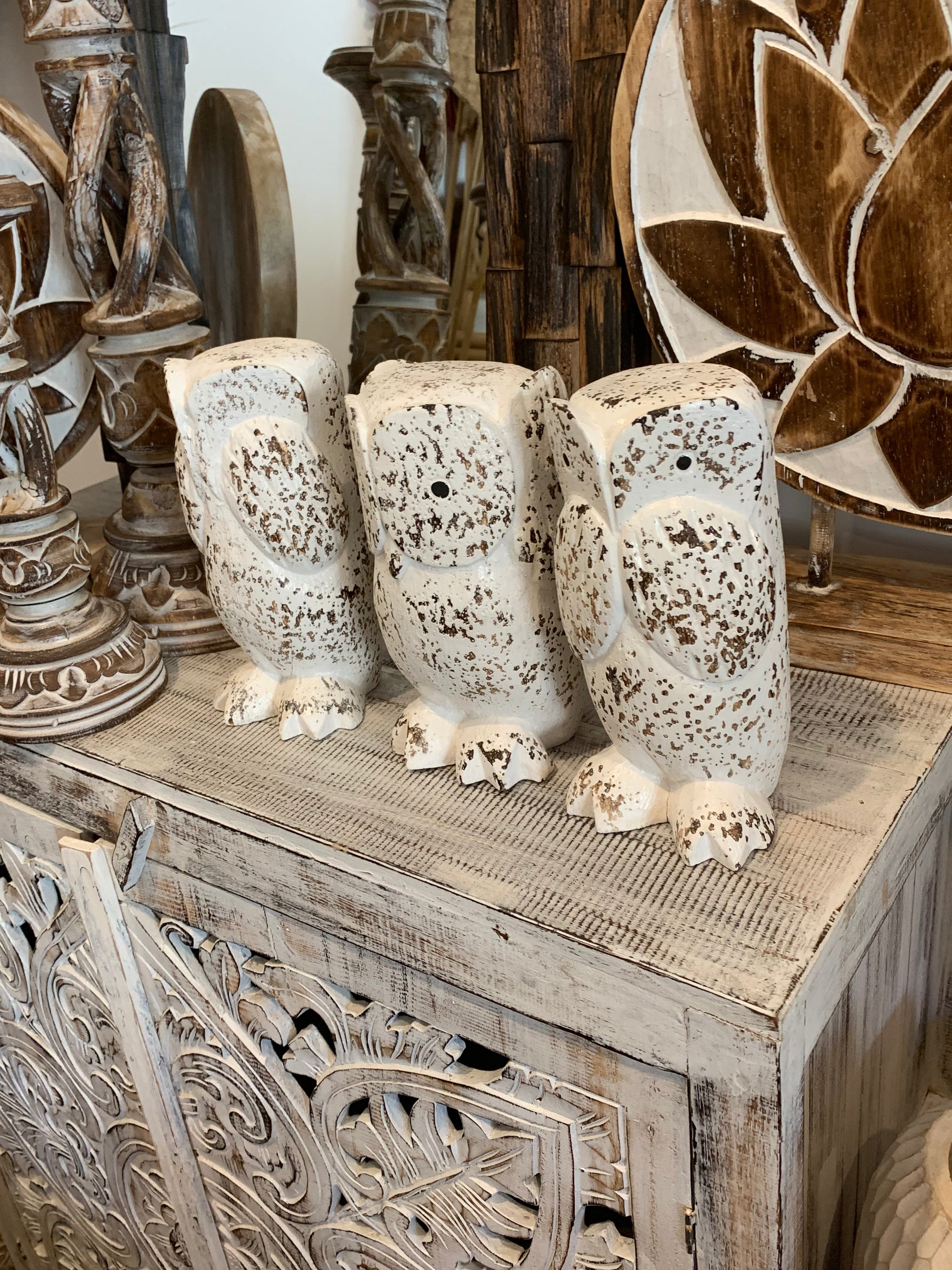 See no evil, hear no evil, speak no evil. Timber owls. Set 3. Rustic white finish. EOFY sale. Usually $40