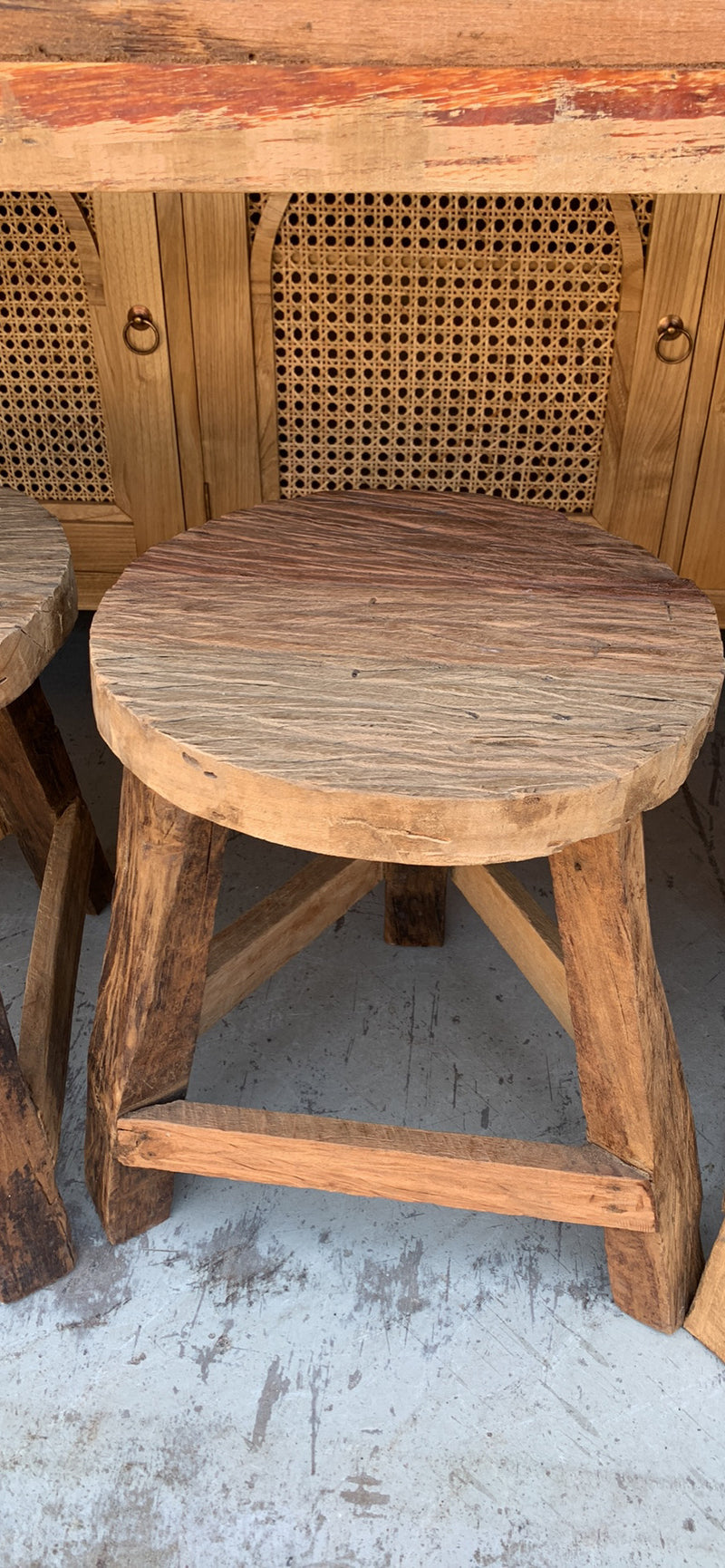 Solid recycled timber round stool.