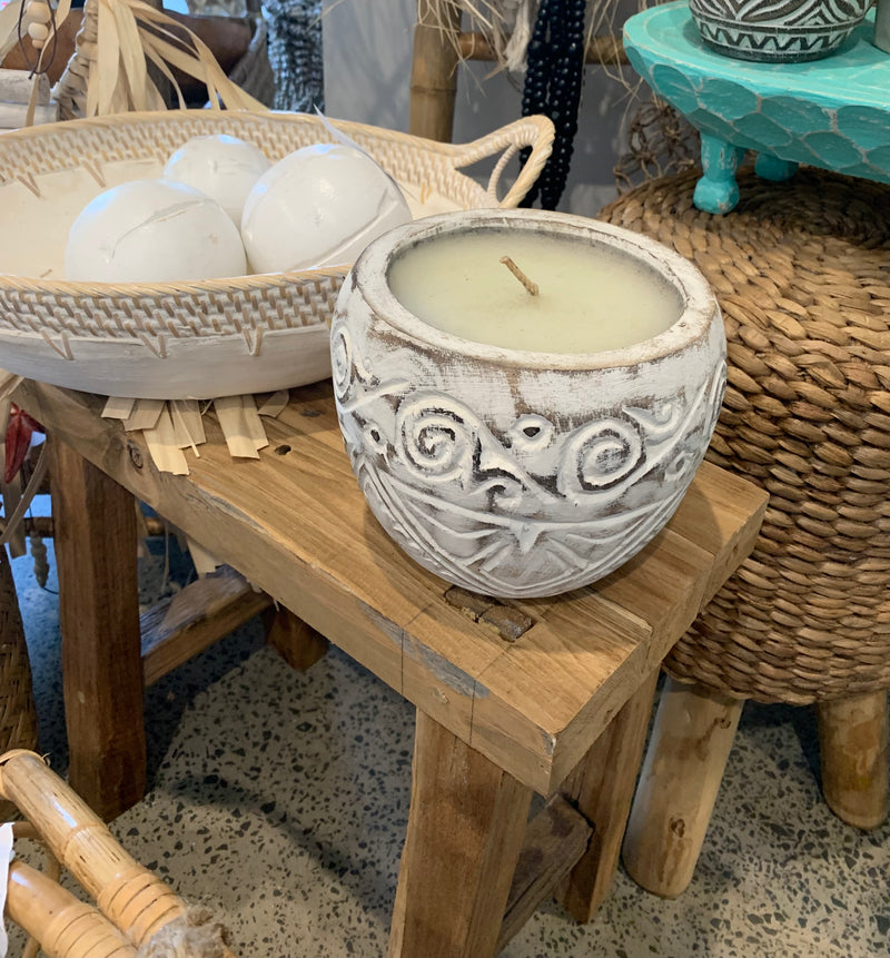 Handcarved white wash timber candle. Large