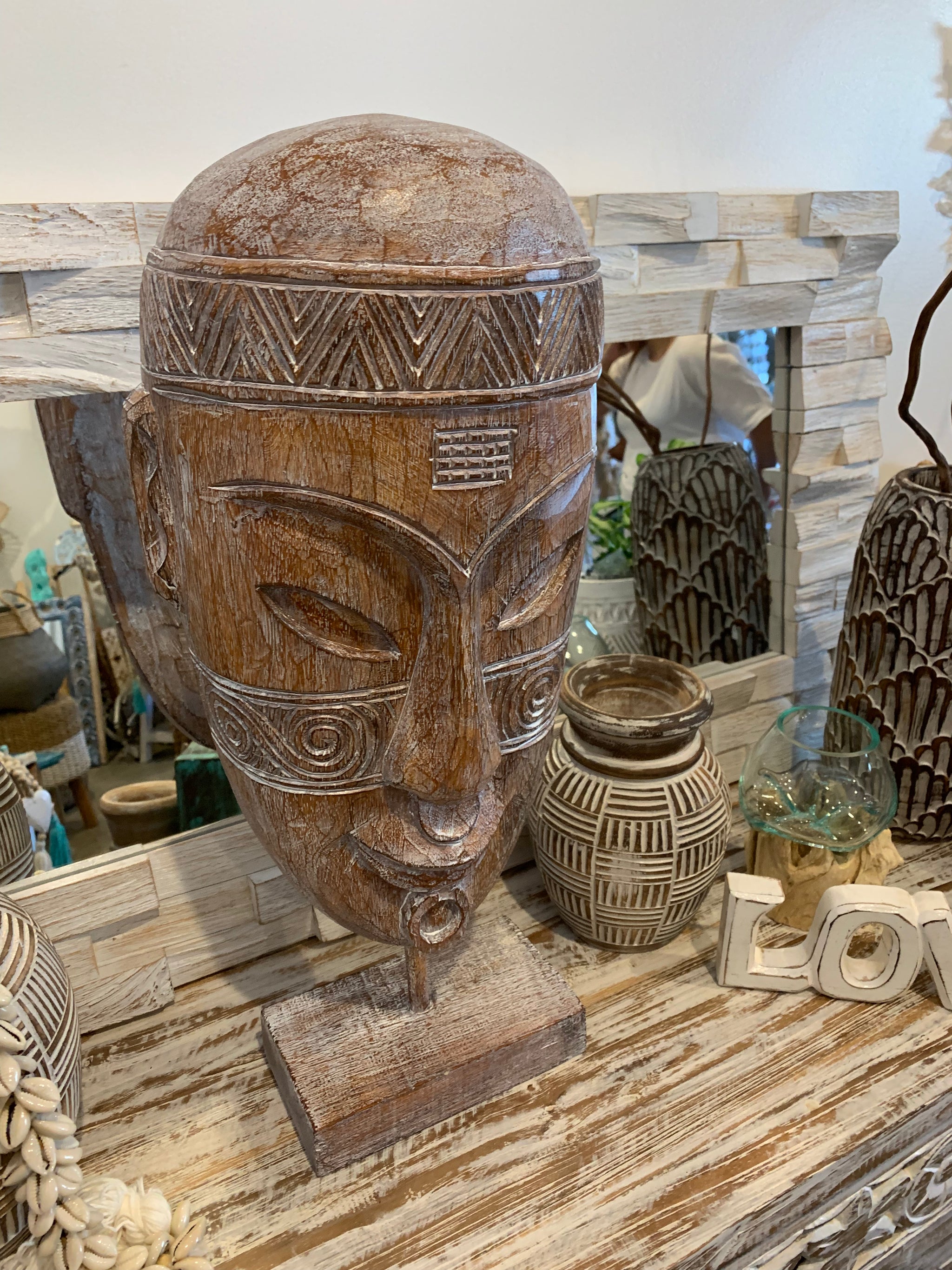 Tribal mask on stand Set of 3. Handcarved