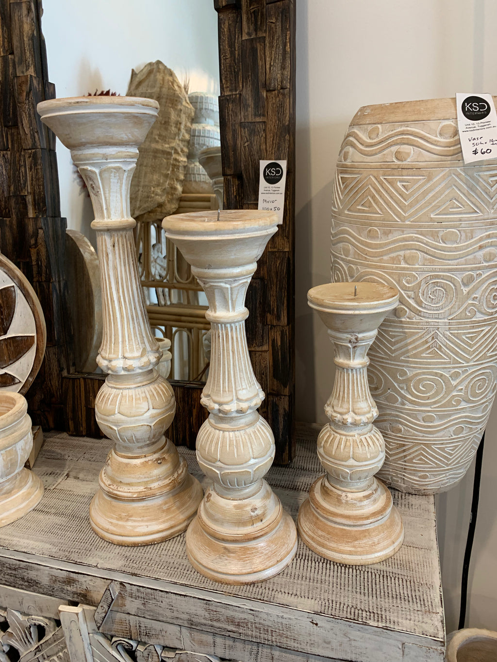 Set 3 white wash timber candlesticks