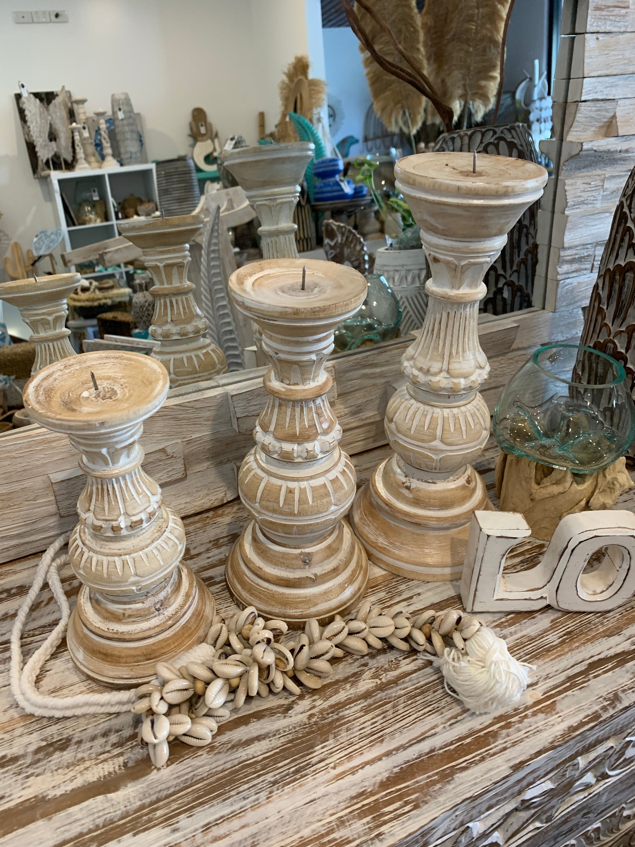 White wash timber candlesticks. Set 3