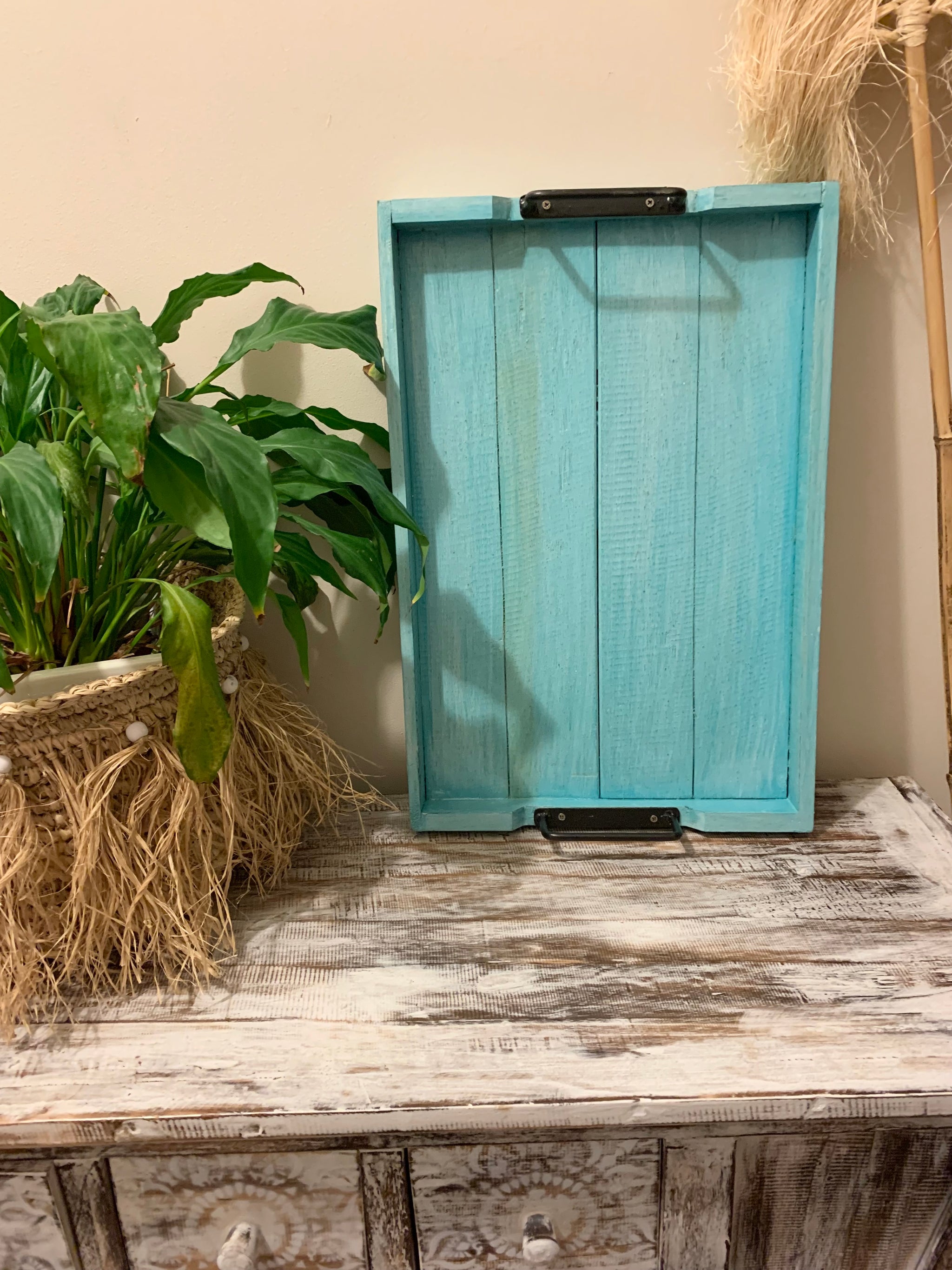 Blue timber slatted tray.  Usually $35