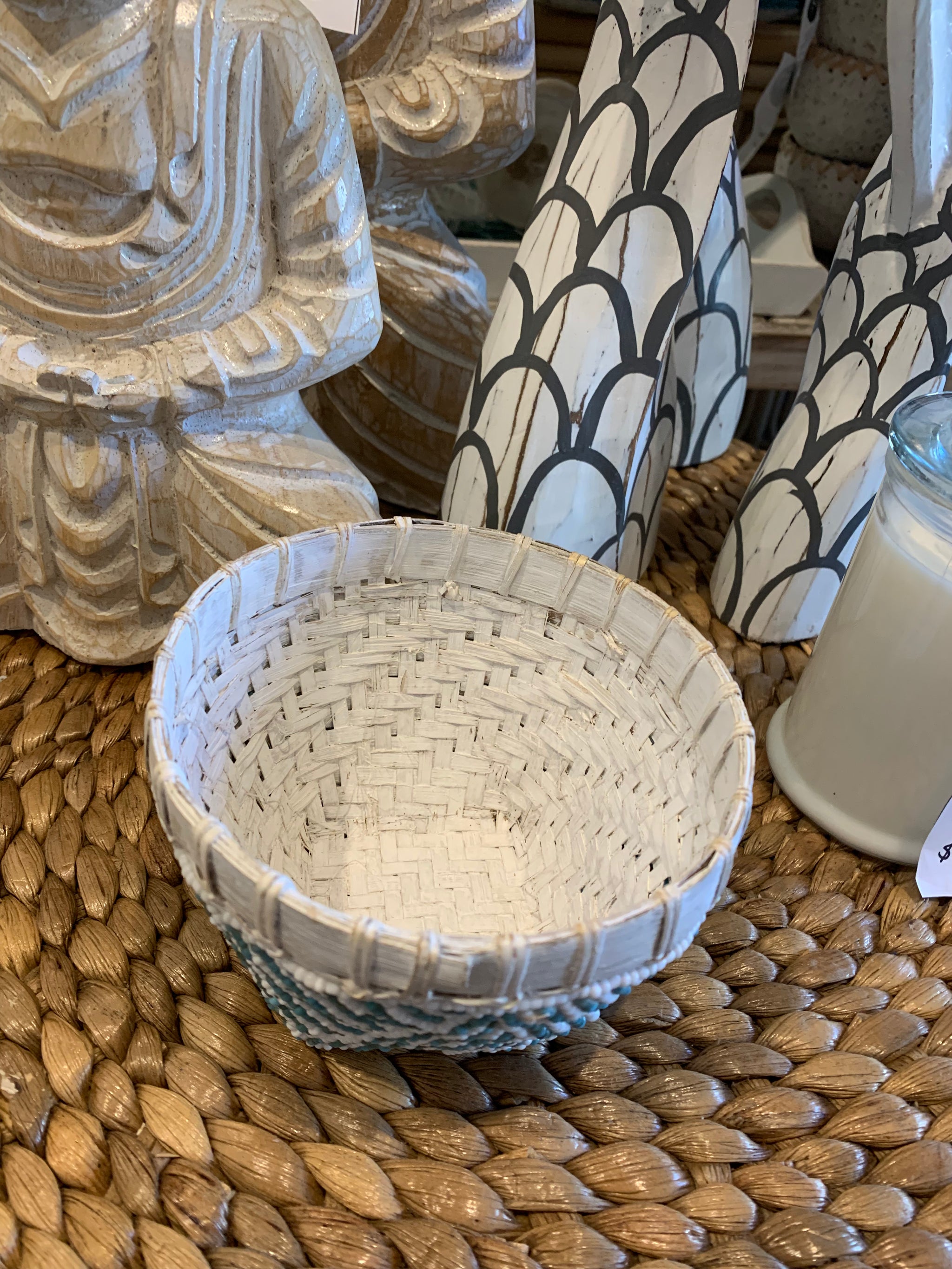 Blue and white beaded bowl / container