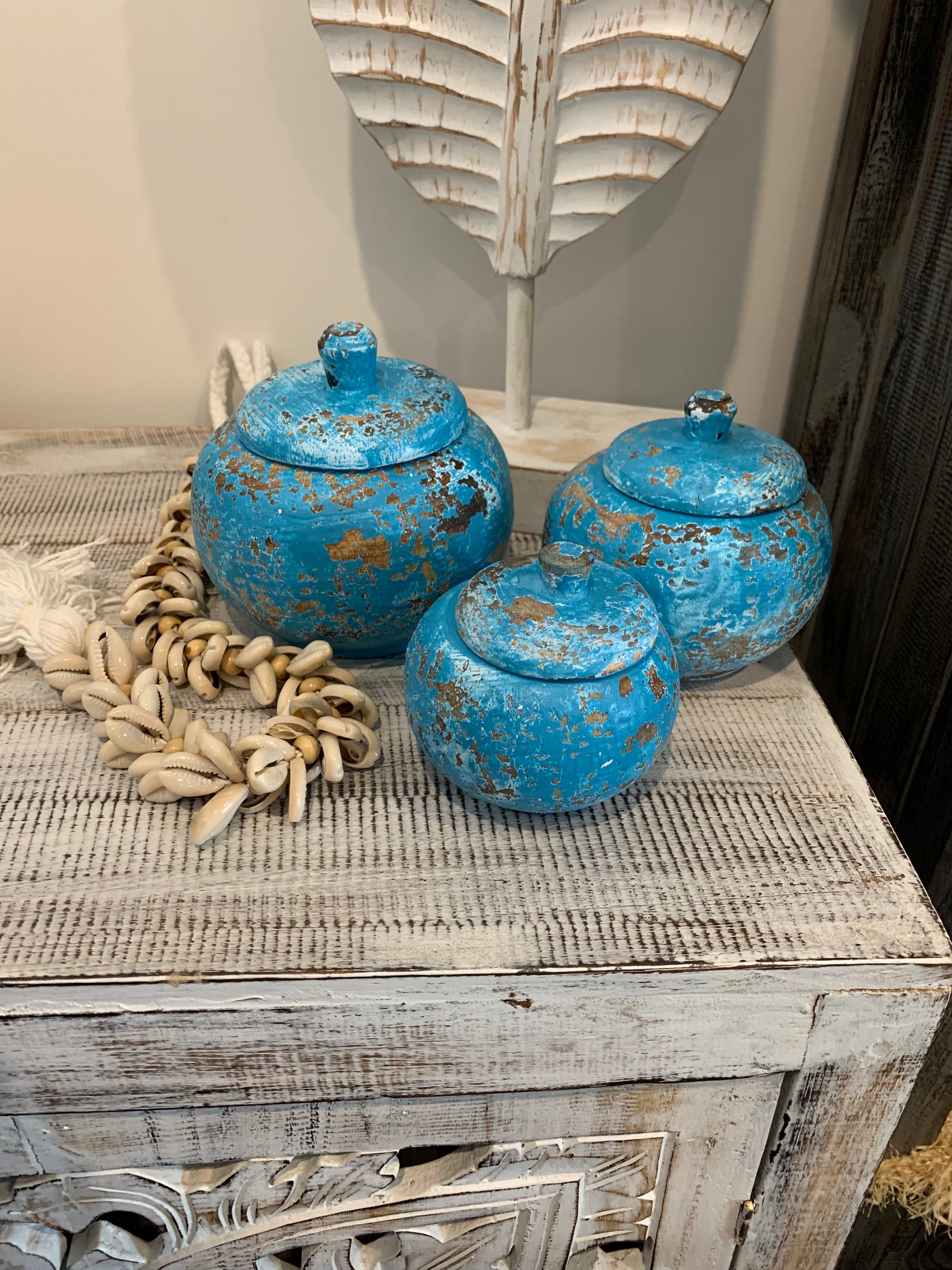 Set 3 rustic blue timber pots with lids