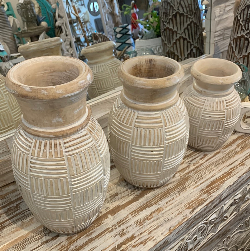 Set 3 white wash carved timber vases