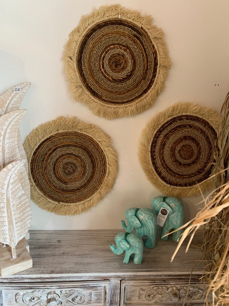 Banana palm and Raffia wall hangings. Set of 3.