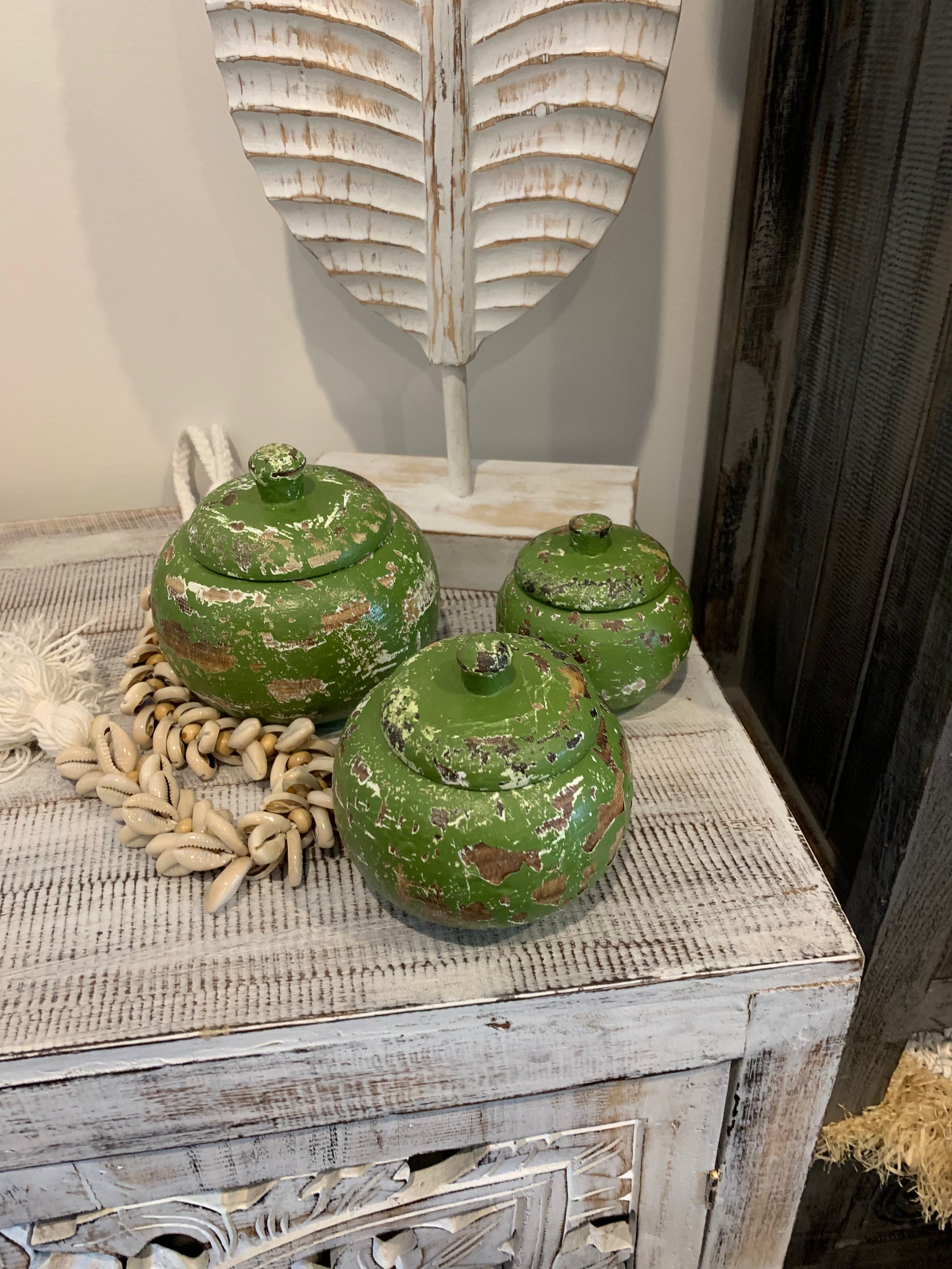 Set 3 rustic green timber pots with lids