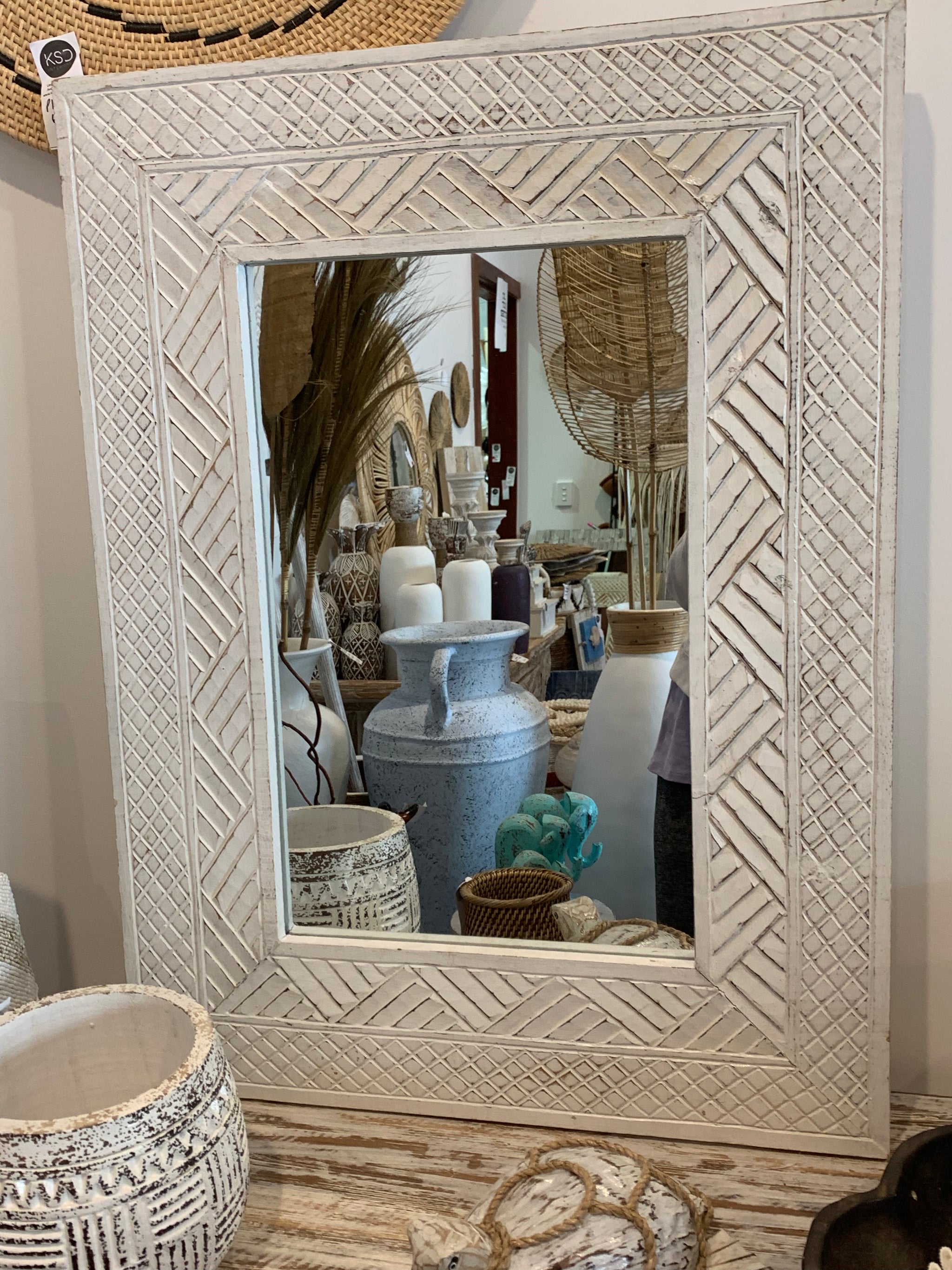 White carved timber mirror