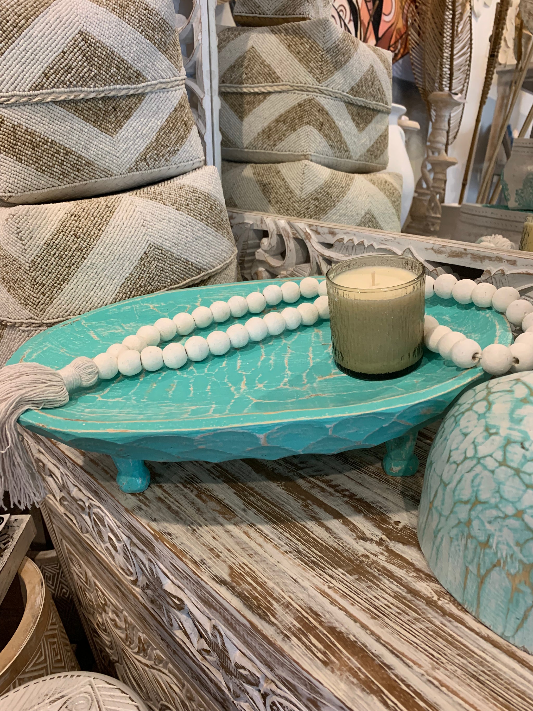 Turquoise timber decorative platter on legs 40cm