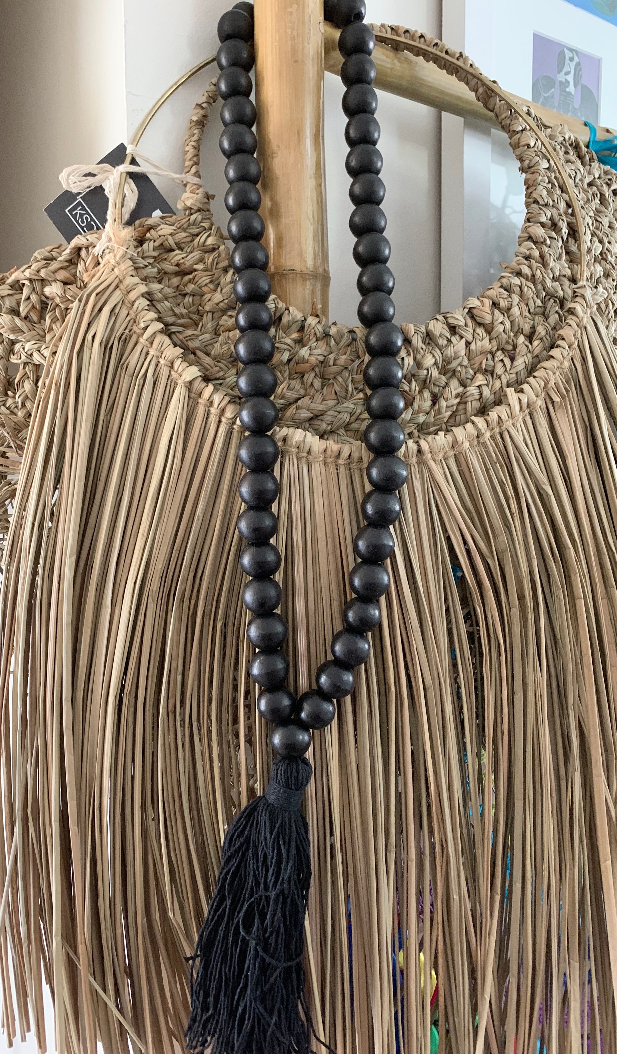 Black bead necklace / tassel decoration. 60cm approx