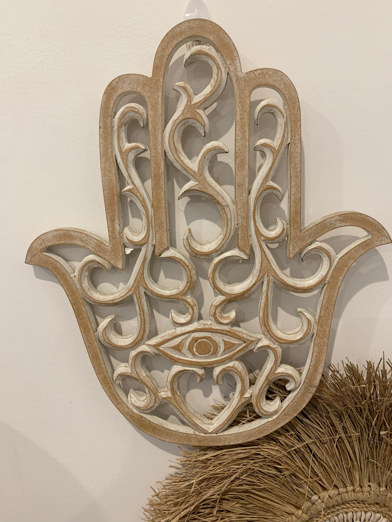 Hamsa handcarved natural hand. 34 x 40cm – Bali Beach Beyond