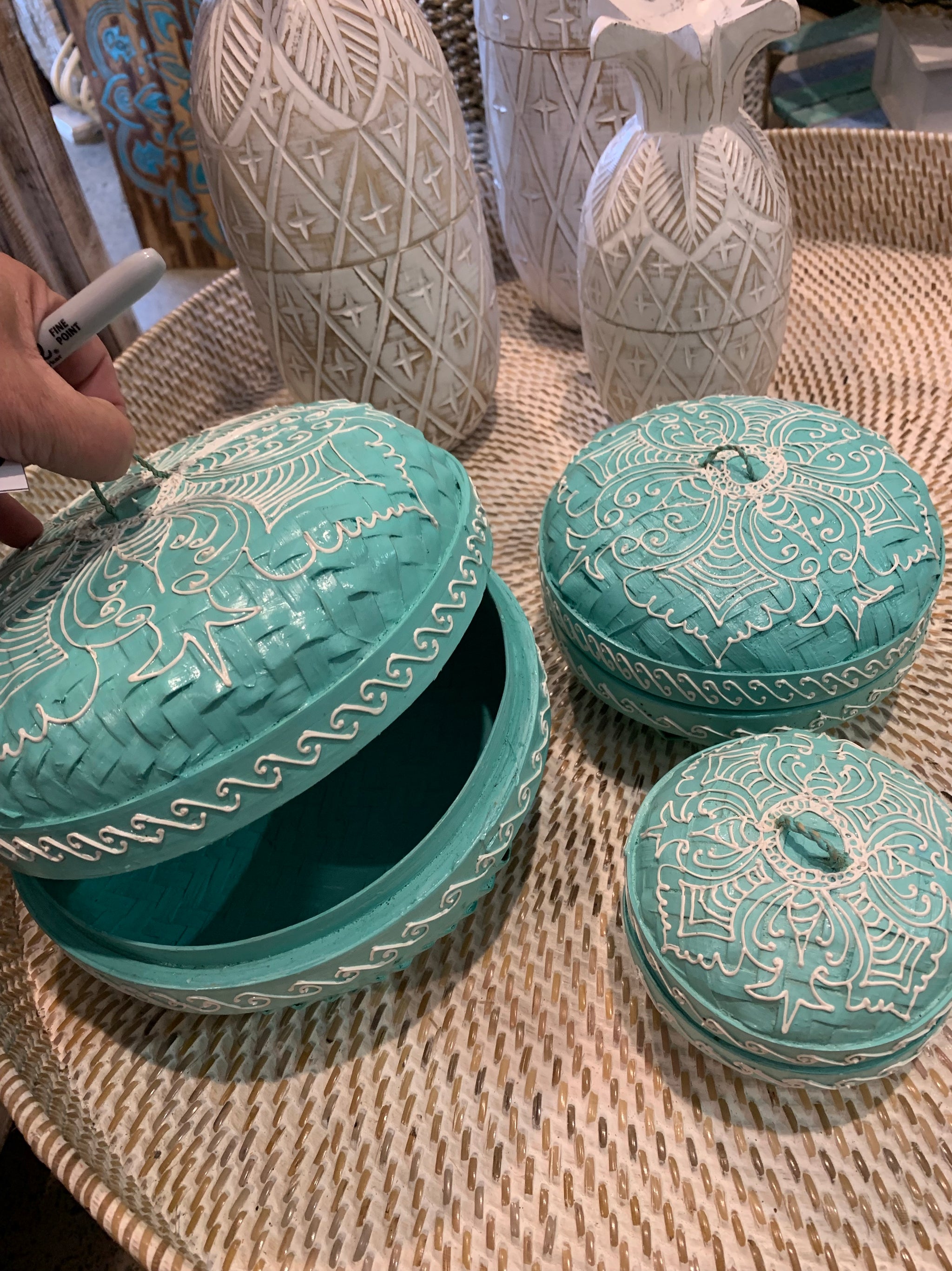 Turquoise set 3 container with lids. Hand painted mandala. Usually $95