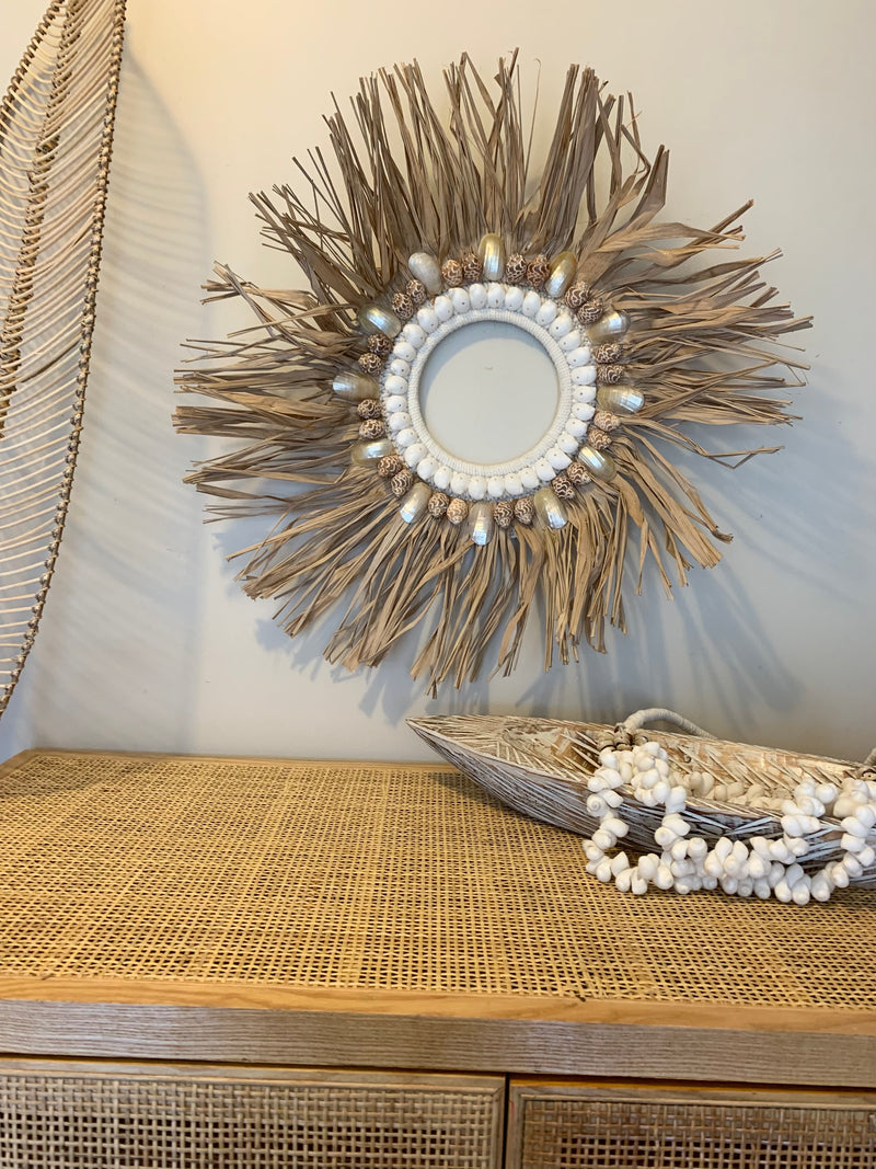 Raffia and shell wall hanging / juju. 60cm. Usually $55