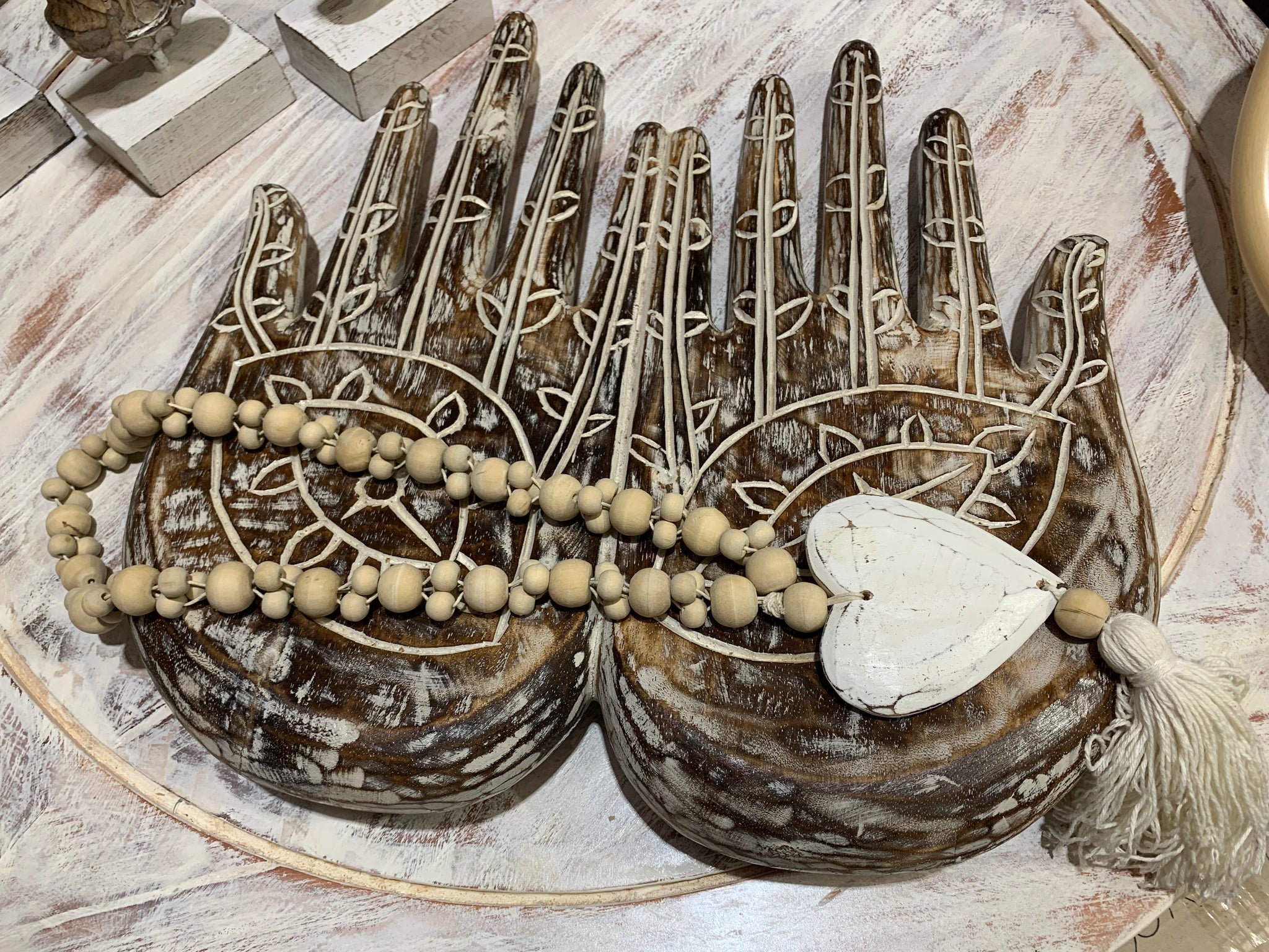 Large brown carved offering hands / platter. EOFY sale. Usually $80