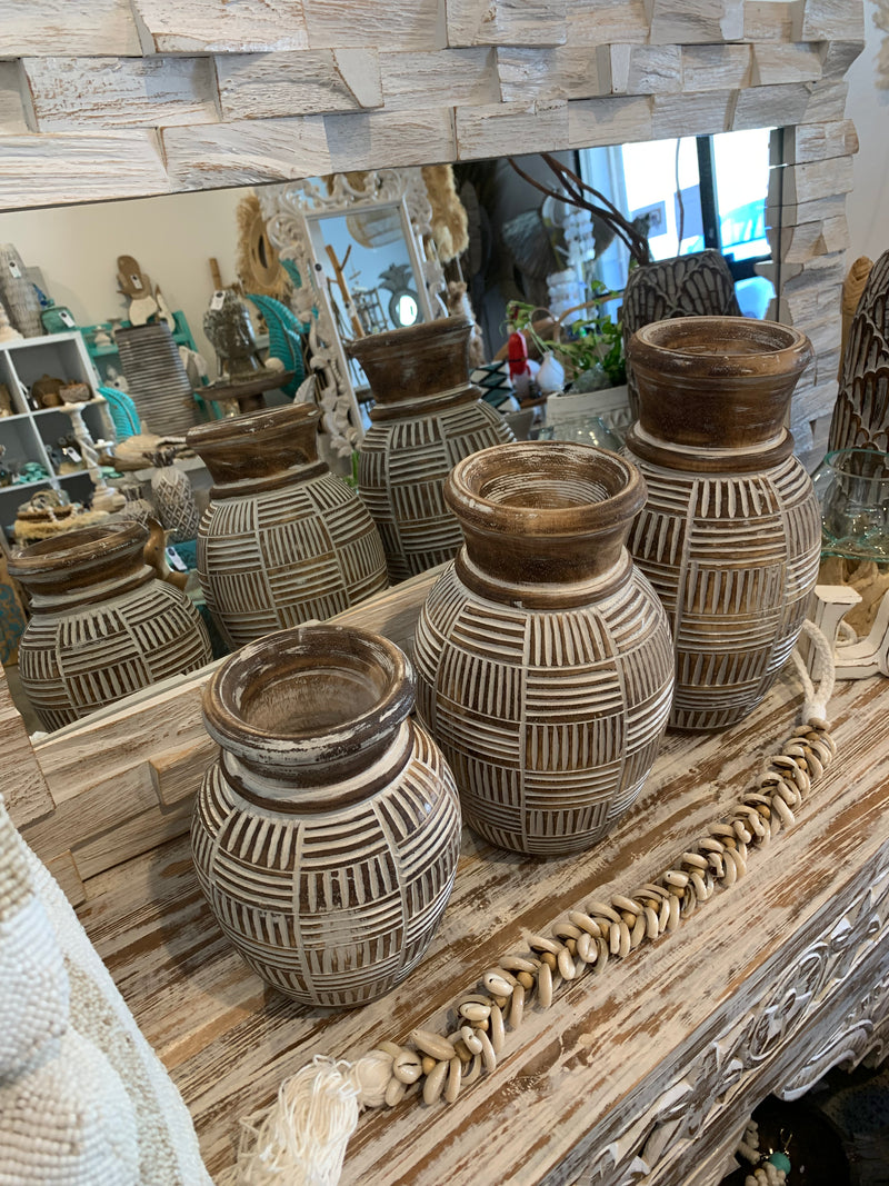 Set 3 Brown carved timber vases